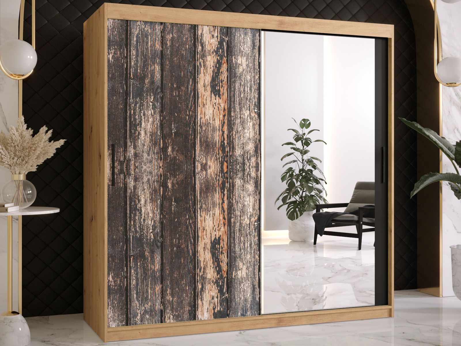 Kledingkast TODY 2 schuifdeuren 180 cm artisan eik met spiegel 