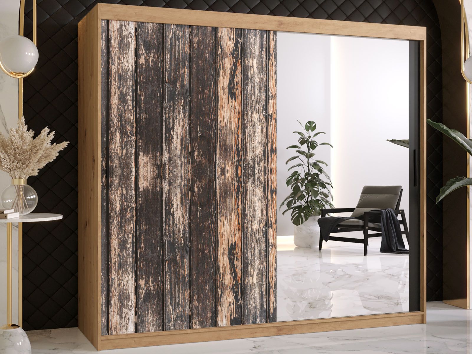 Kledingkast TODY 2 schuifdeuren 200 cm artisan eik met spiegel 