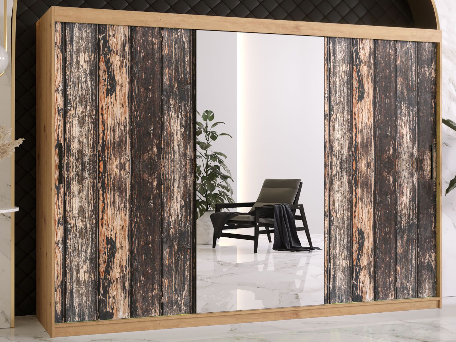 Kledingkast TODY 2 schuifdeuren 250 cm artisan eik met spiegel 