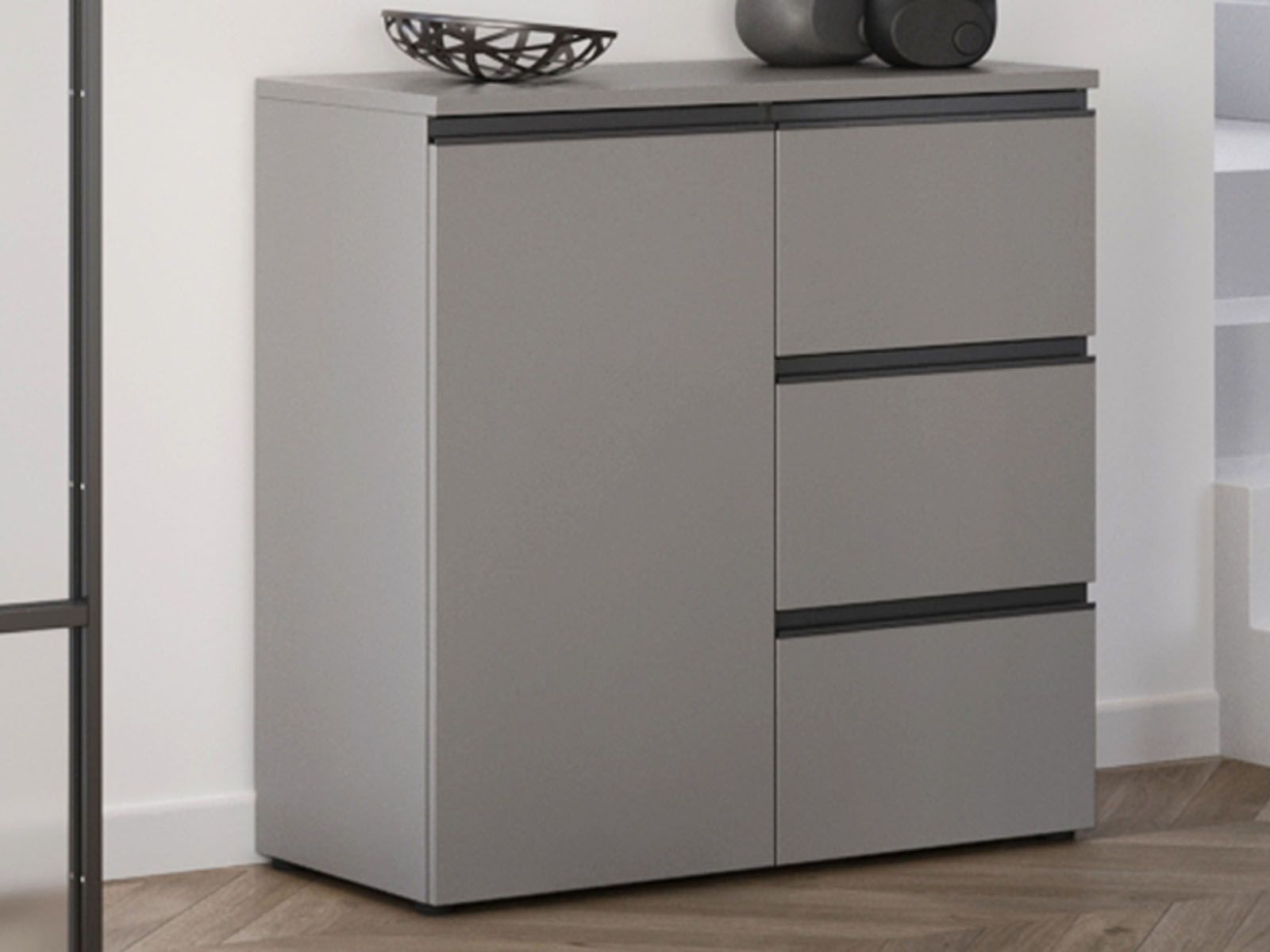 Commode BASILIQUE 1 deur 3 lades steengrijs 