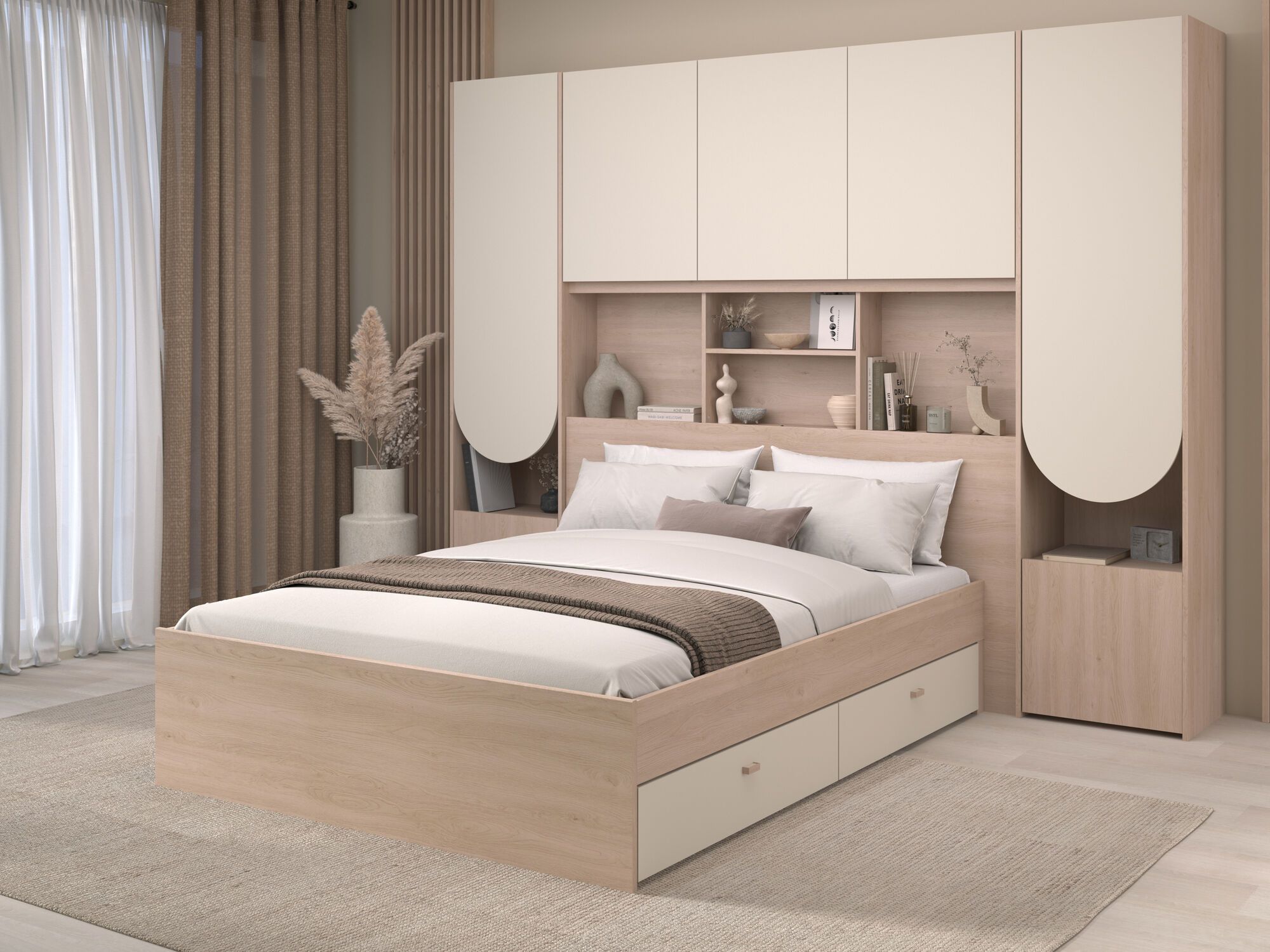 Bed met brugkast BRIDANI CURVE 140x190 cm brooklyn eik/kasjmier