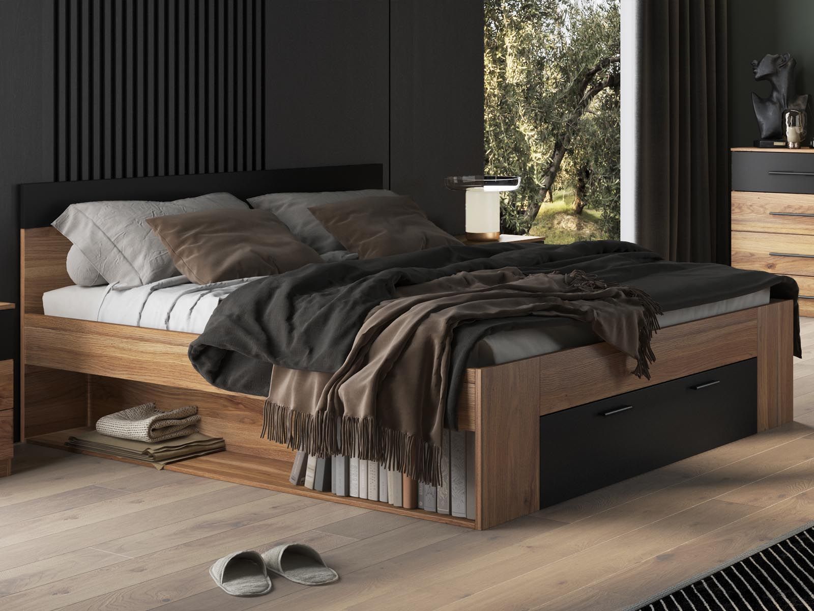 Tweepersoonsbed BETHUNE 180x200 cm mauvella eik/zwart