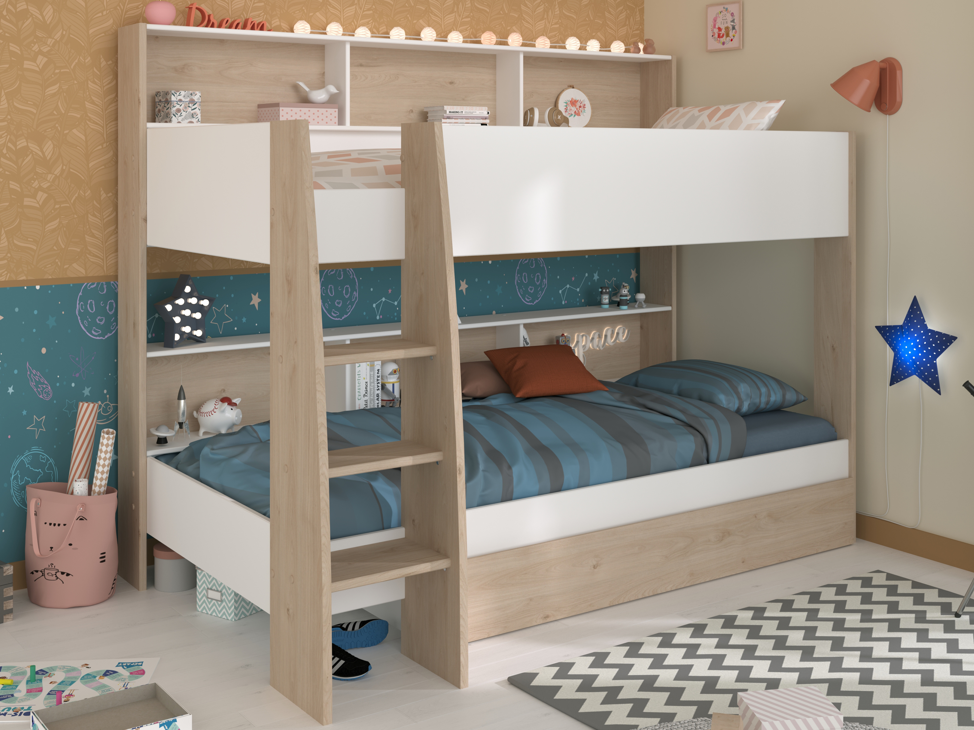 Stapelbed SHELASO 90x200 cm jackson eik met lades 