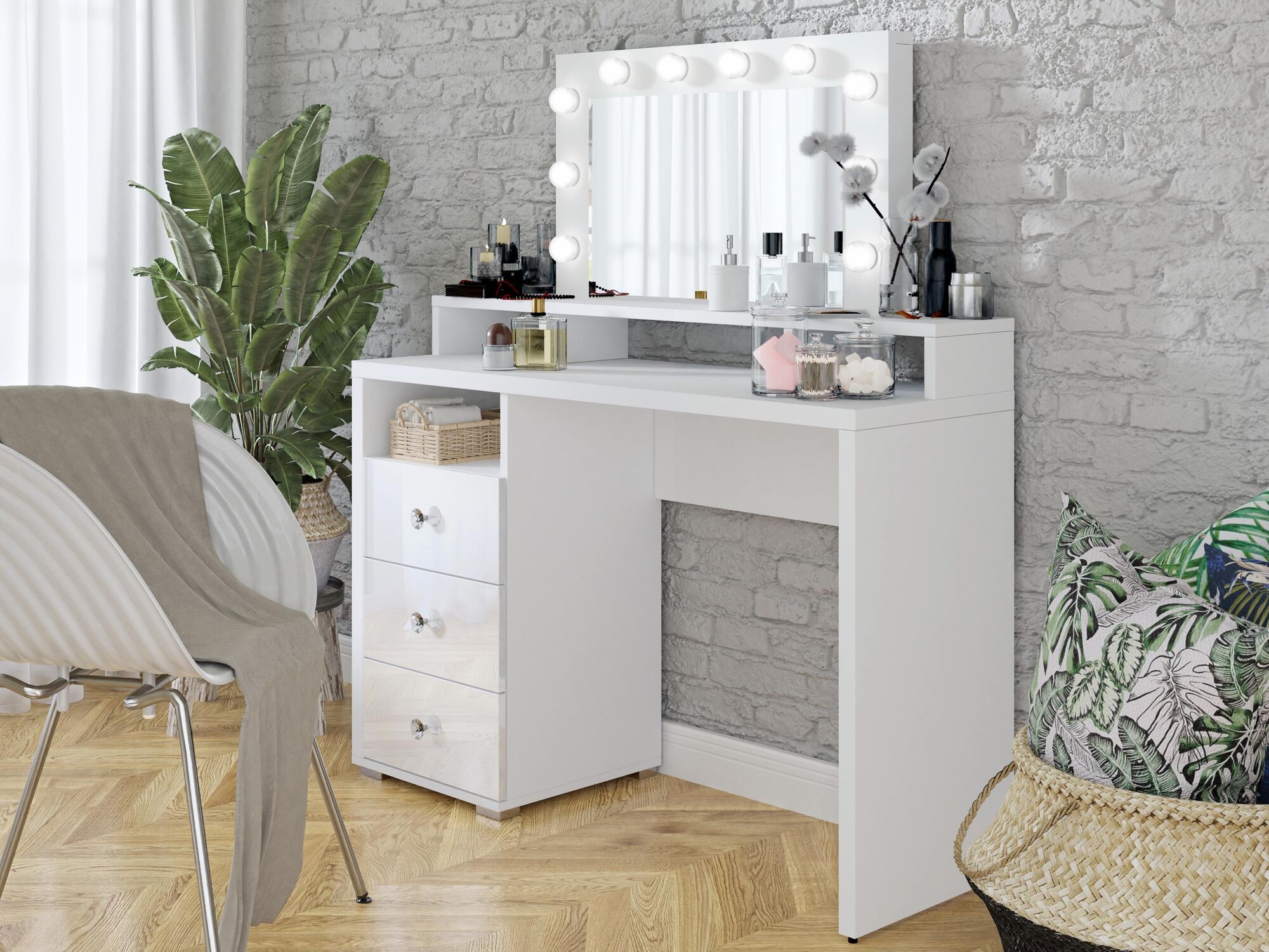 Make-up tafel DIVANA 3 lades wit/hoogglans wit 