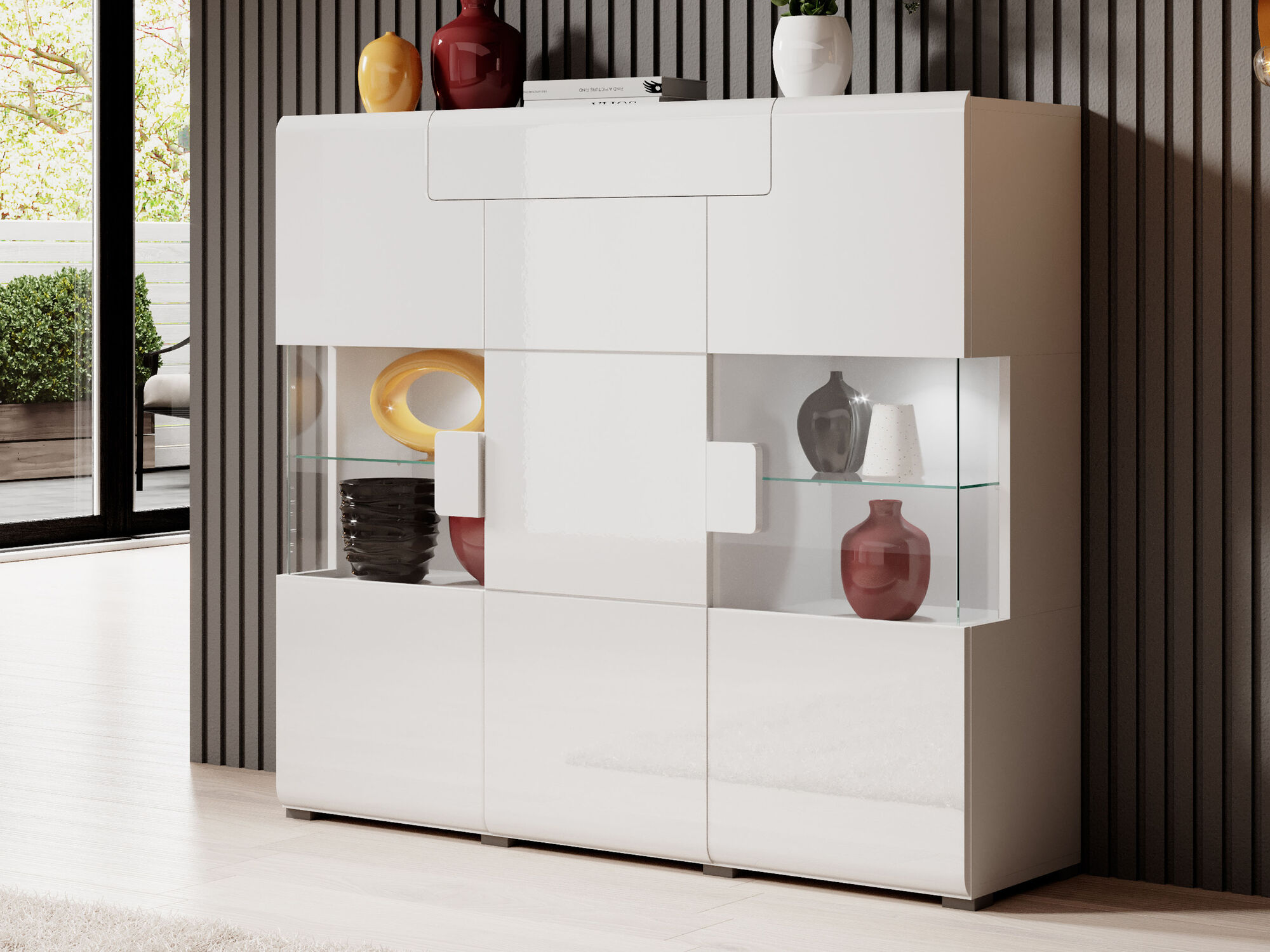 Vitrinekast TOMASSON 3 deuren 1 lade wit/hoogglans wit