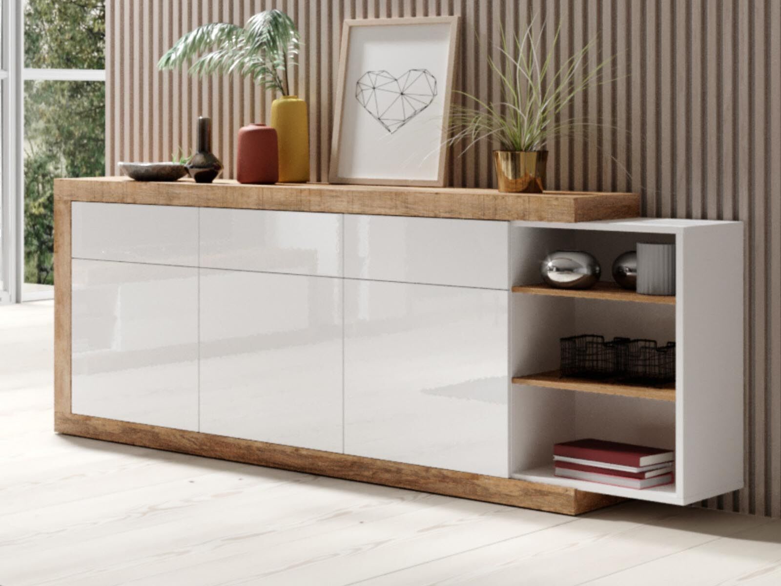 Dressoir SINO 3 deuren 3 lades eik/hoogglans wit 