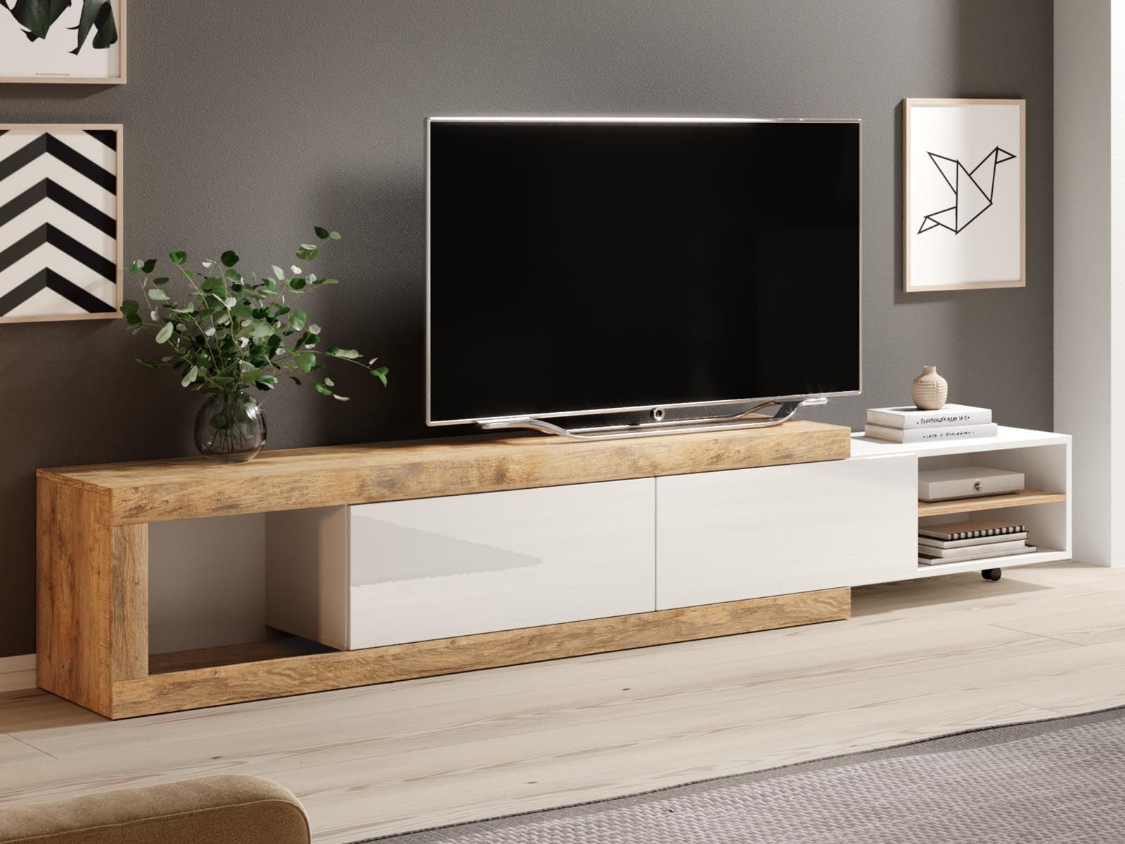 Tv-meubel SINO 2 deuren eik/hoogglans wit 