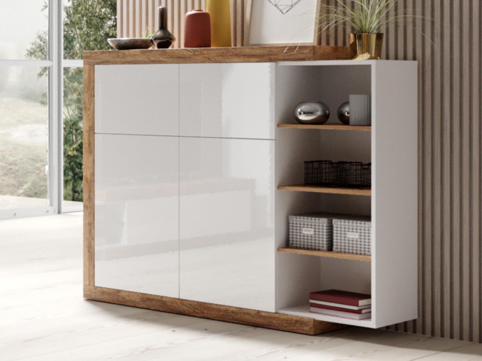 Commode SINO 2 deuren 2 lades eik/hoogglans wit 