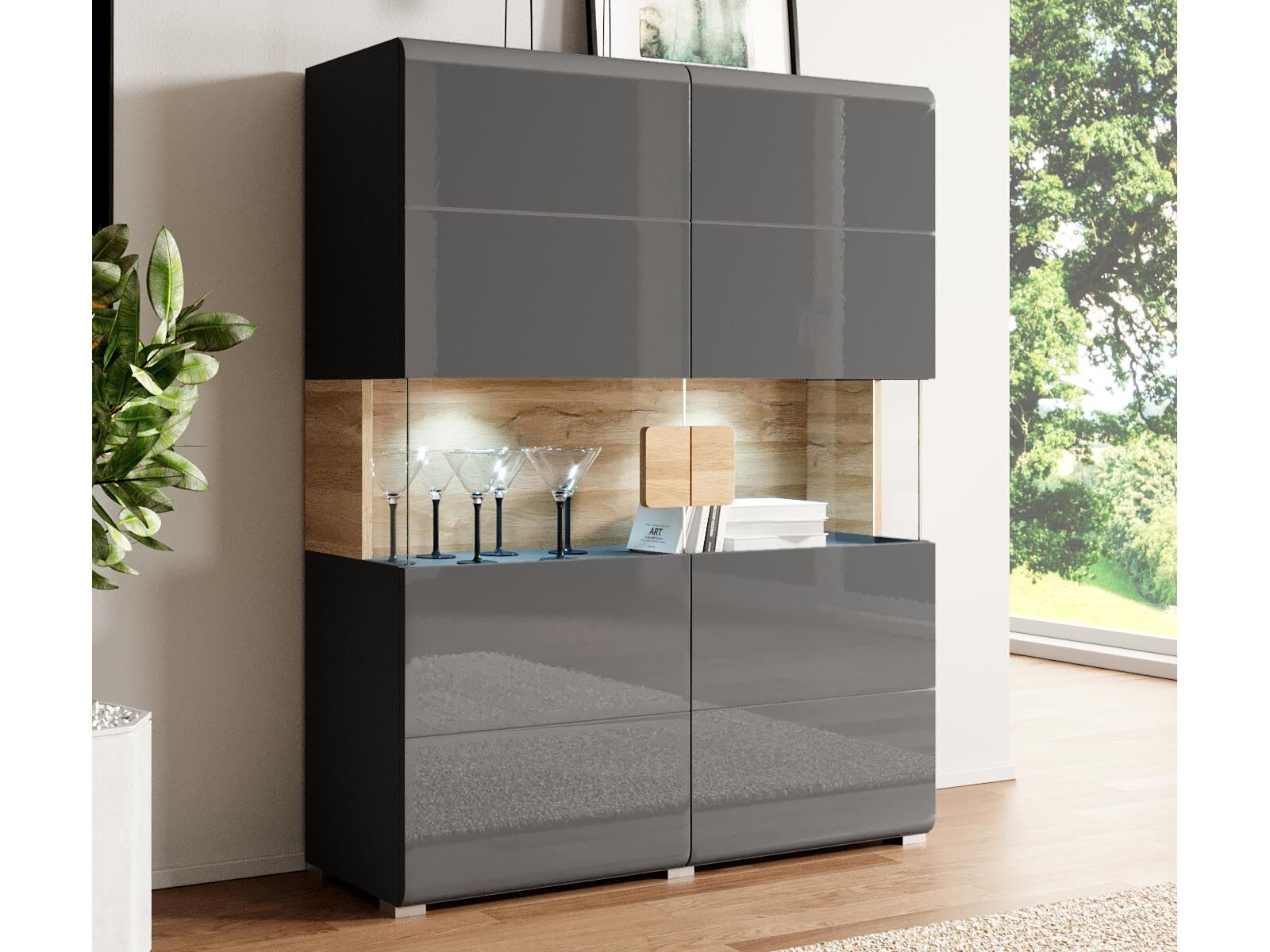 Vitrinekast TORERO 2 deuren grandson eik/antraciet met led 
