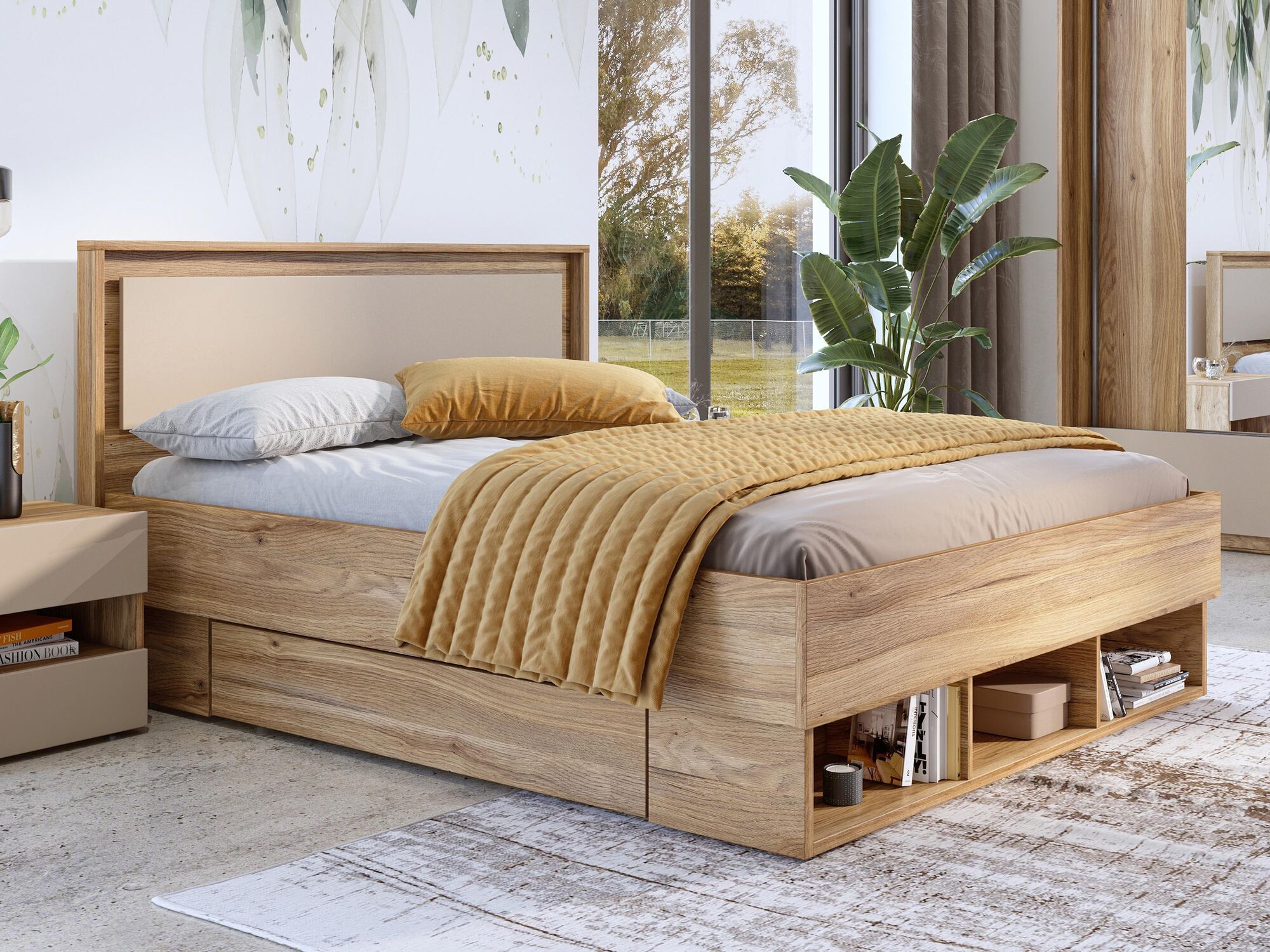 Bed IMPALUNA 160x200 cm mauvella eik met lades 