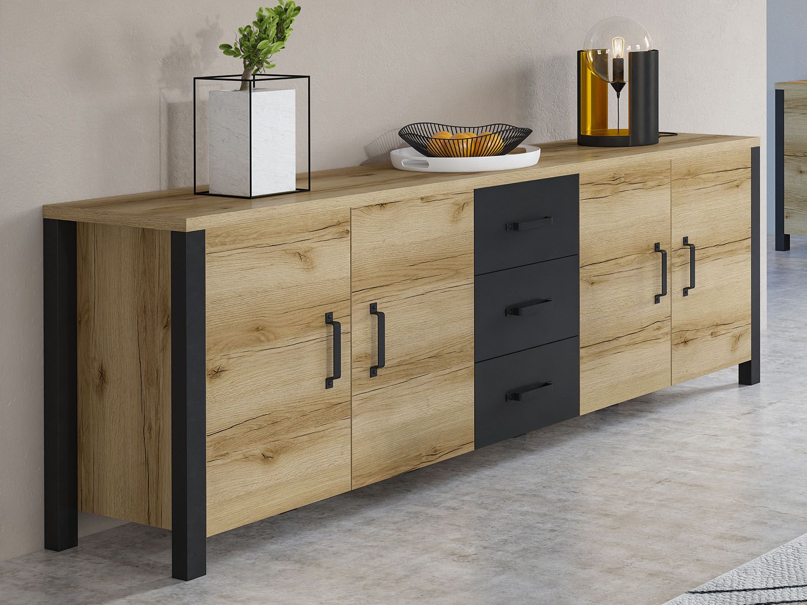 Dressoir OLIANNE 4 deuren 3 lades natuurlijke eik