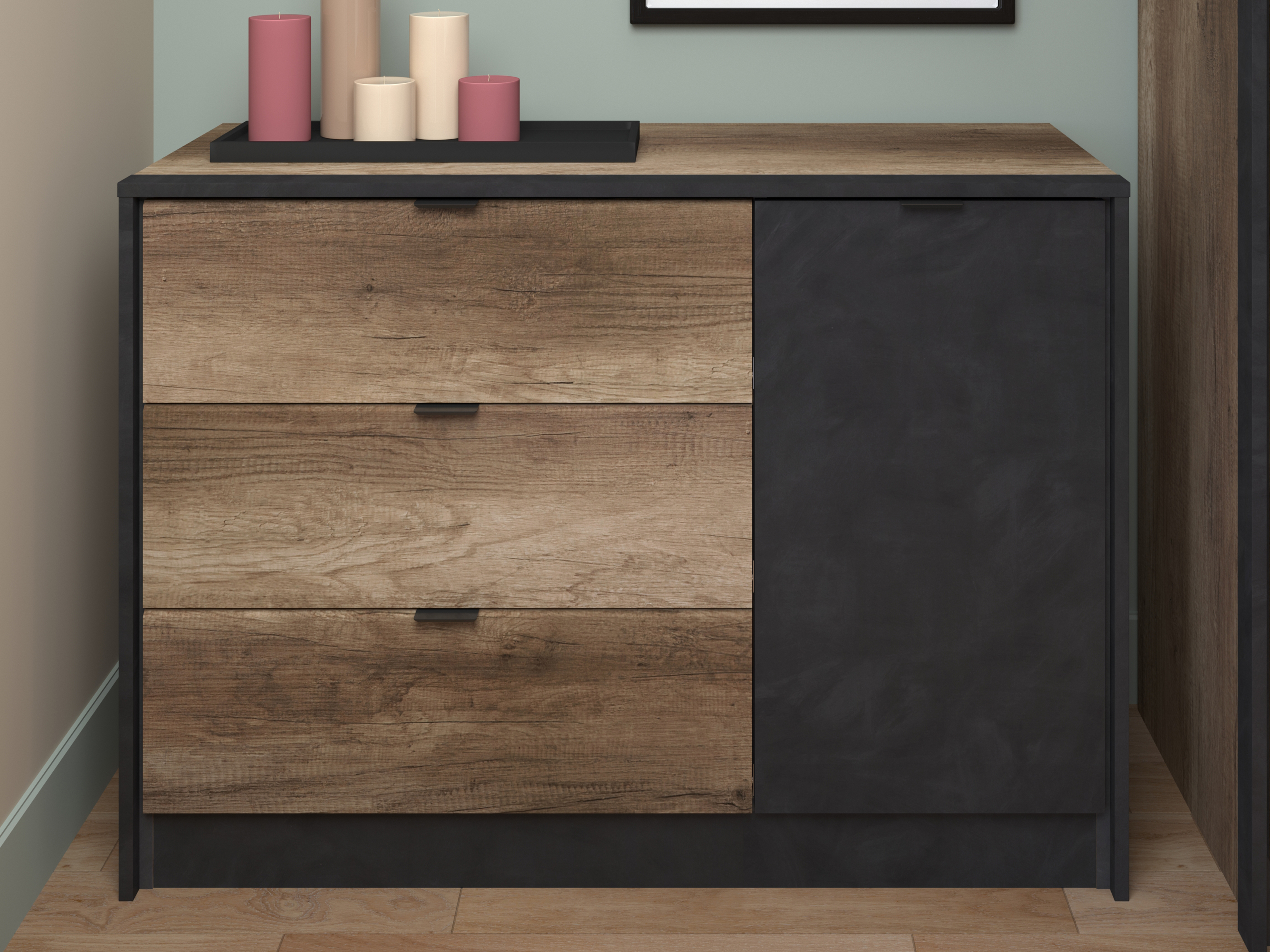 Commode TORRY 1 deur 3 lades artisan eik/zwart