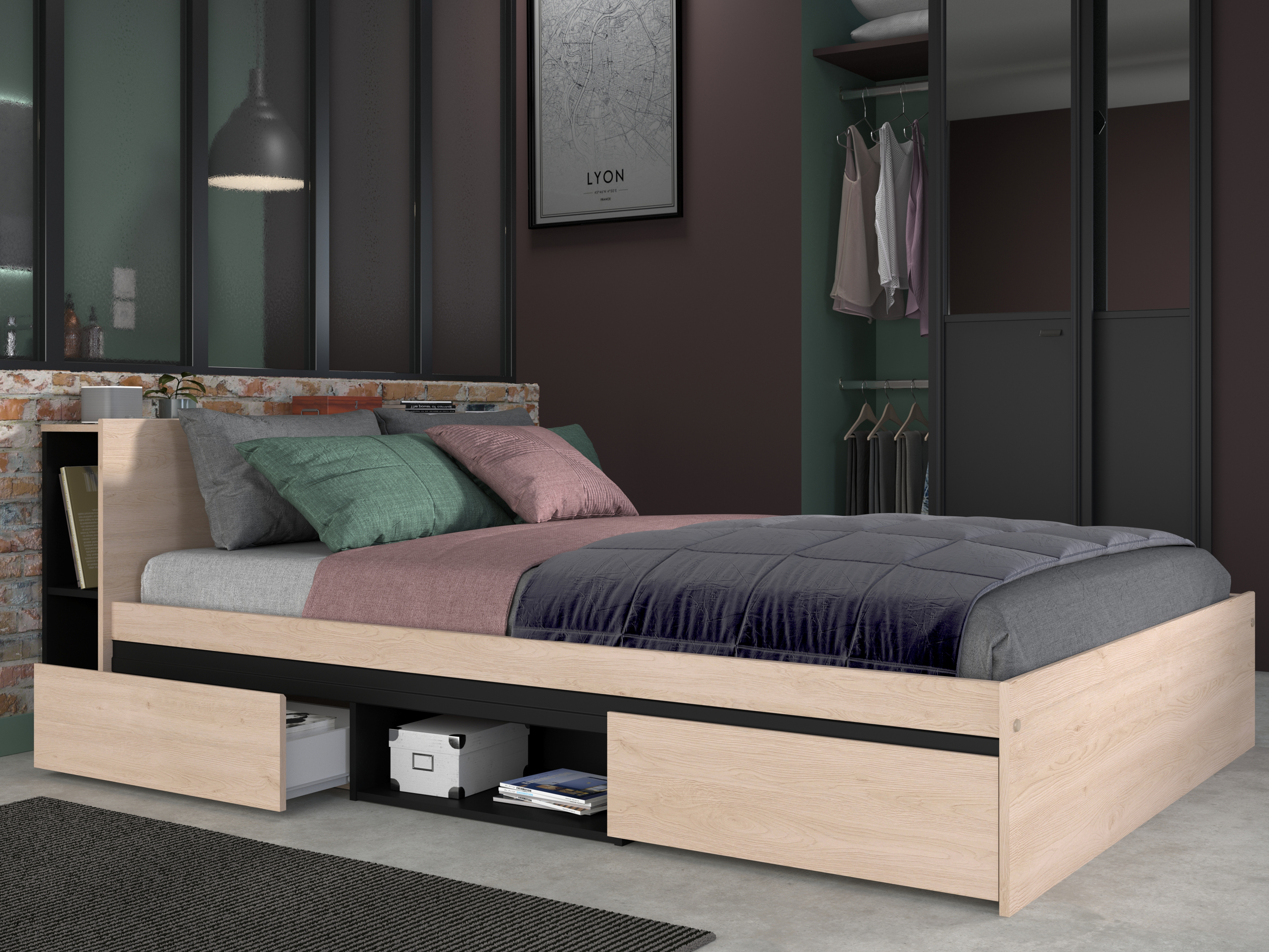 Tweepersoonsbed LEDGER 140x190 cm brooklyn eik/zwart