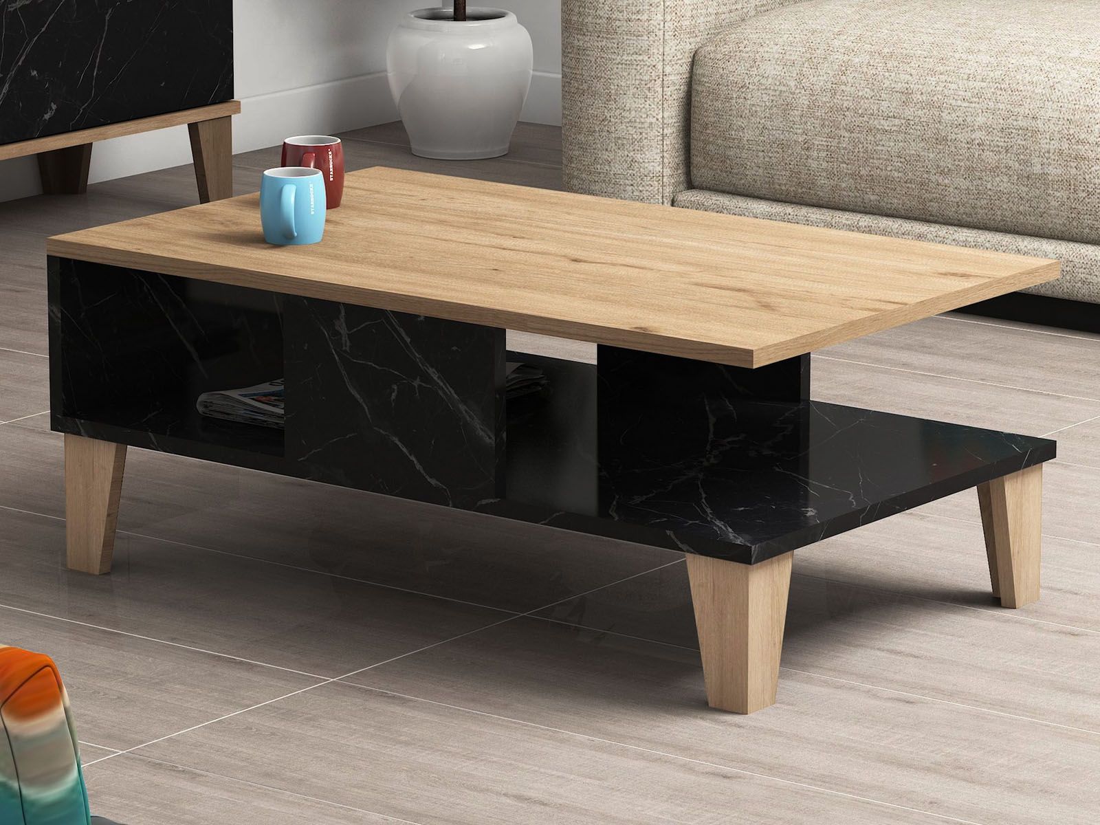 Salontafel SUMONIA eik/zwart marmer
