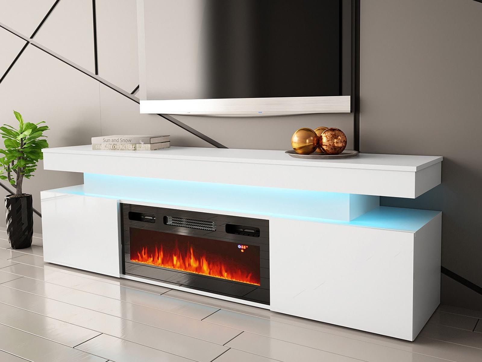 Tv-meubel met haard GLORIA 2 deuren hoogglans wit 