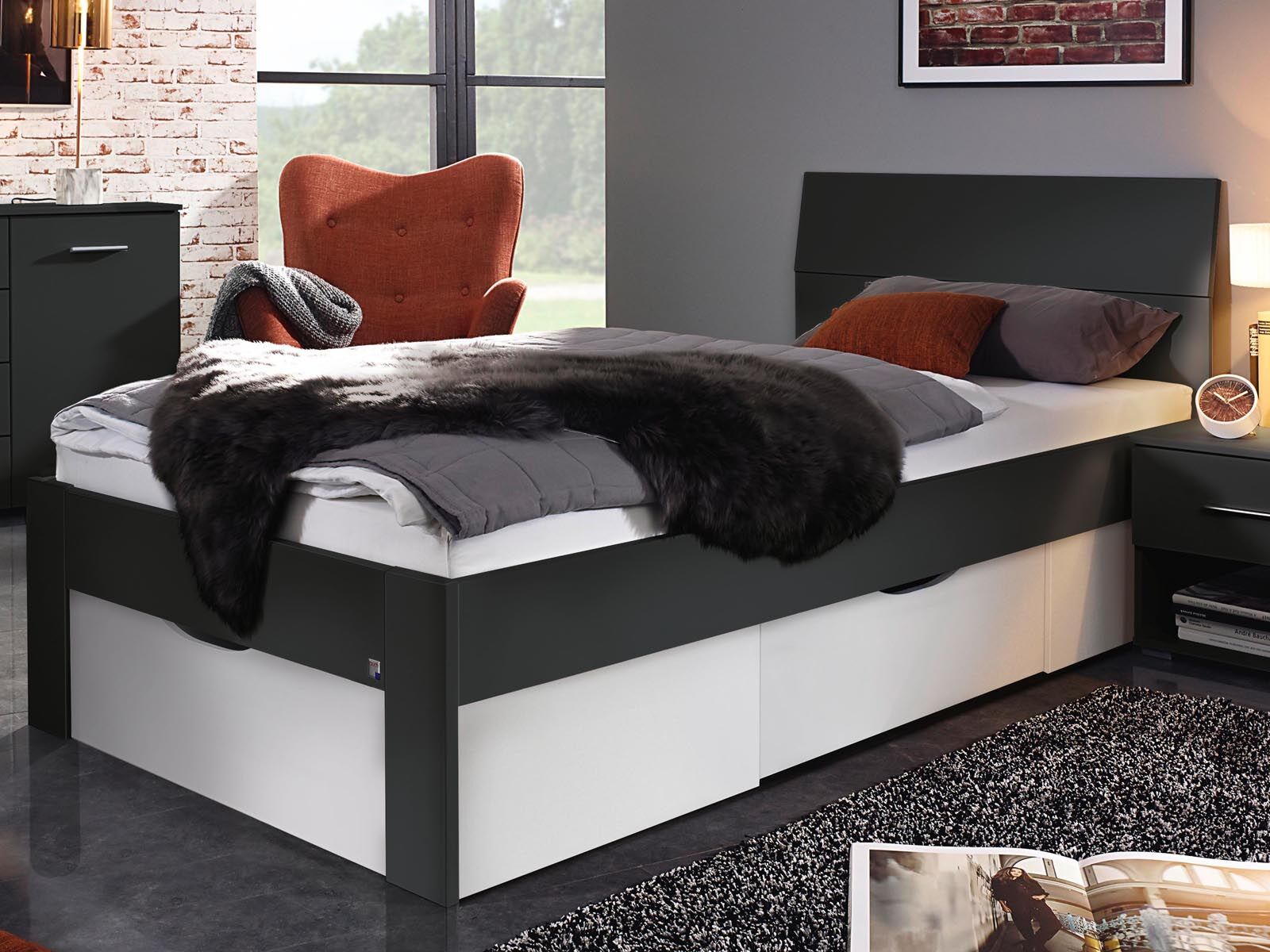 Bed FLASH 90x200 cm metaalgrijs/wit met lades