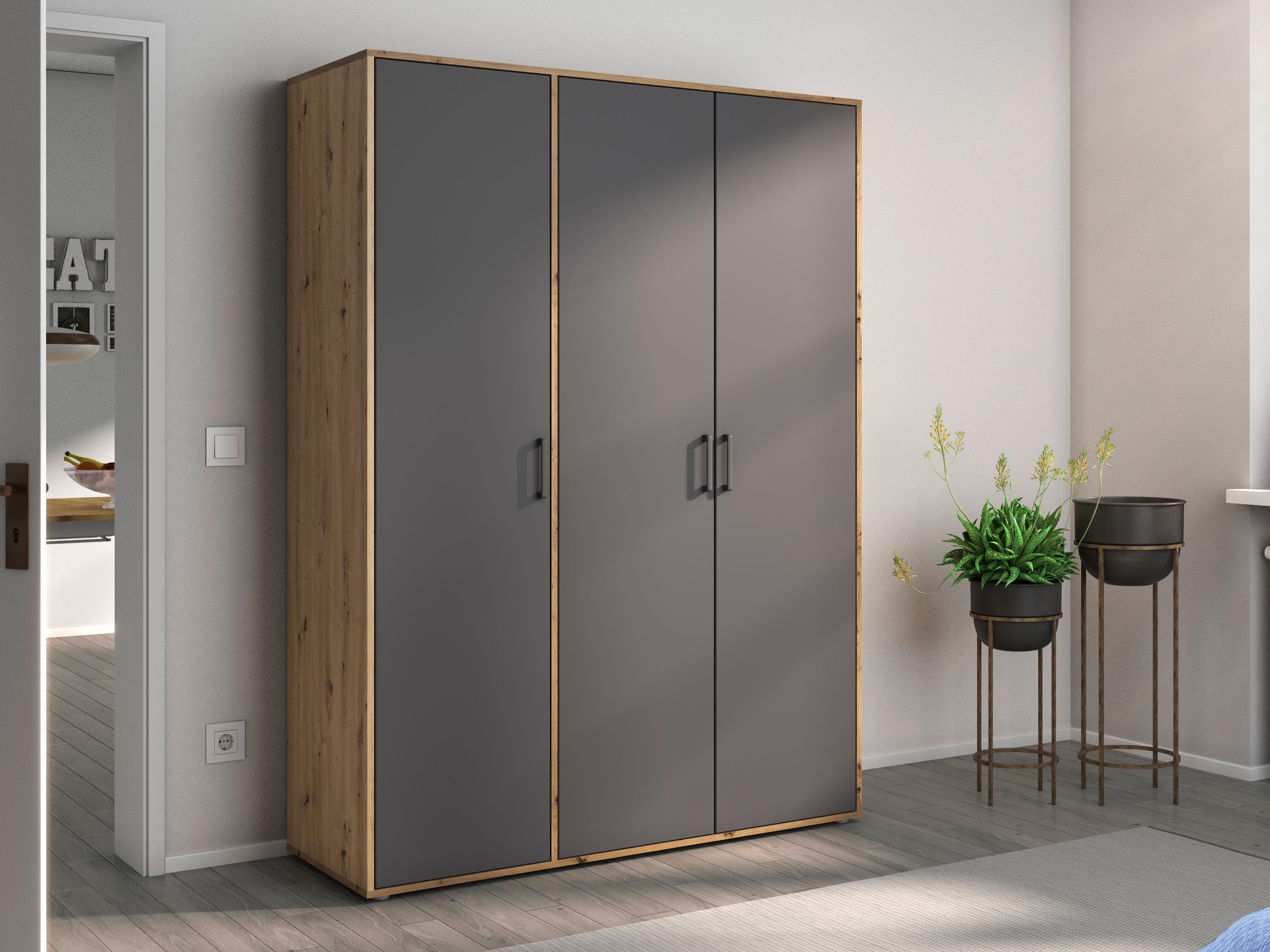 Kledingkast VOLTARI 3 deuren metaalgrijs/artisan eik 