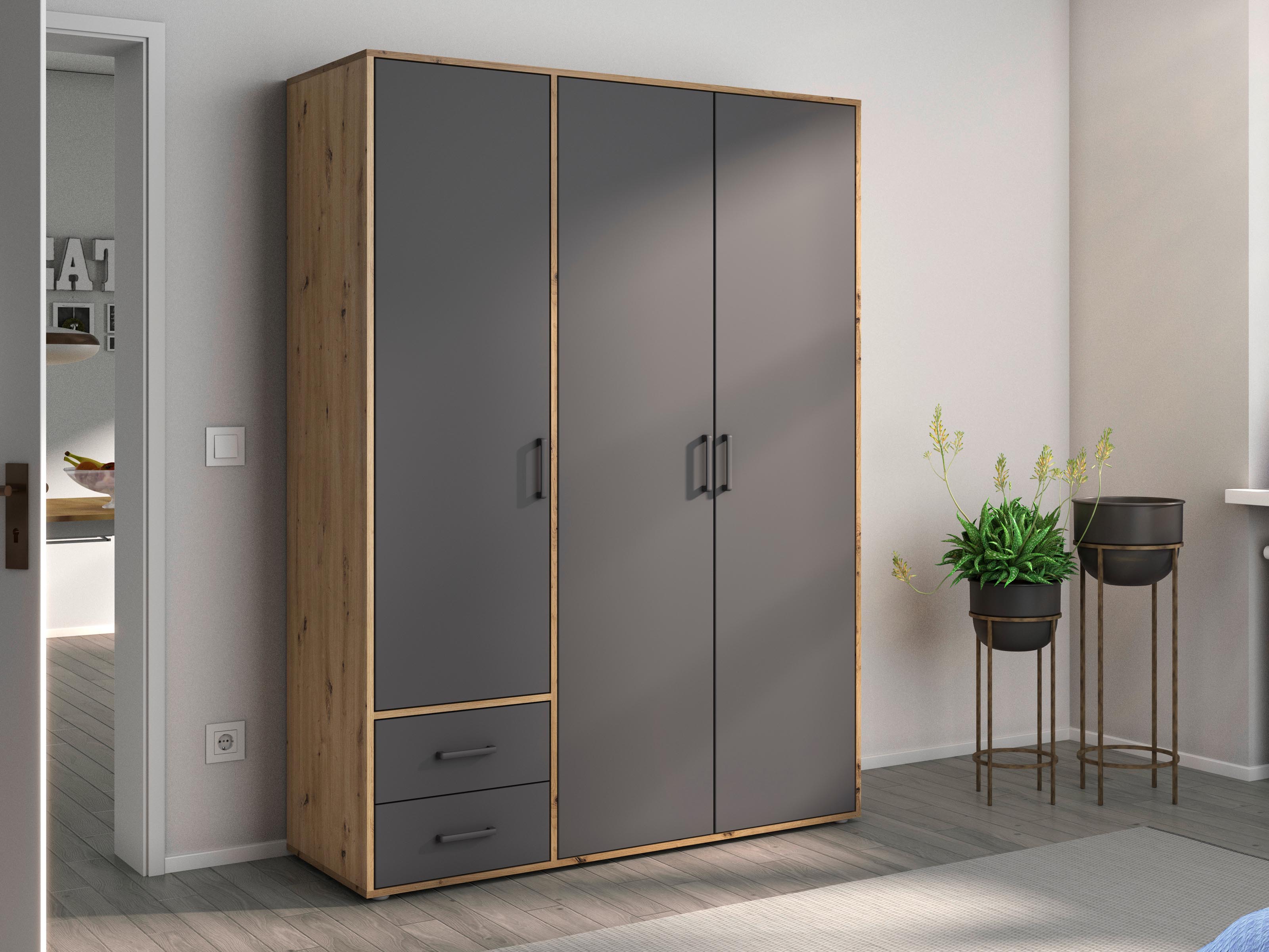 Kledingkast VOLTARI 3 deuren 2 lades metaalgrijs/artisan eik 