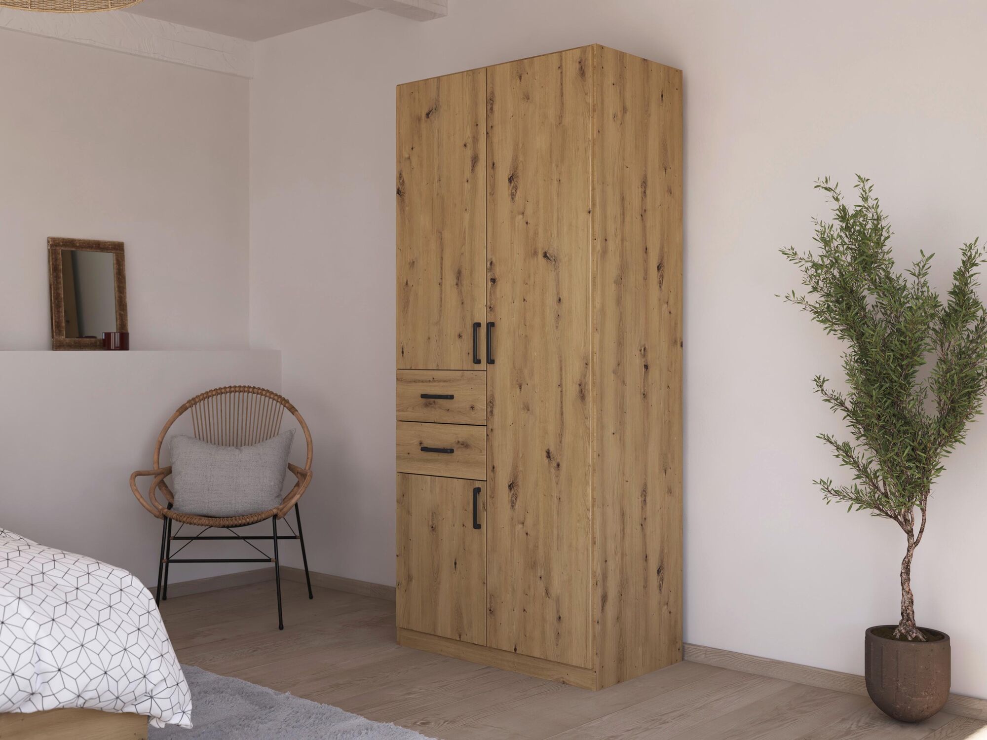 Kledingkast MAKALISKA 3 deuren 2 lades artisan eik 