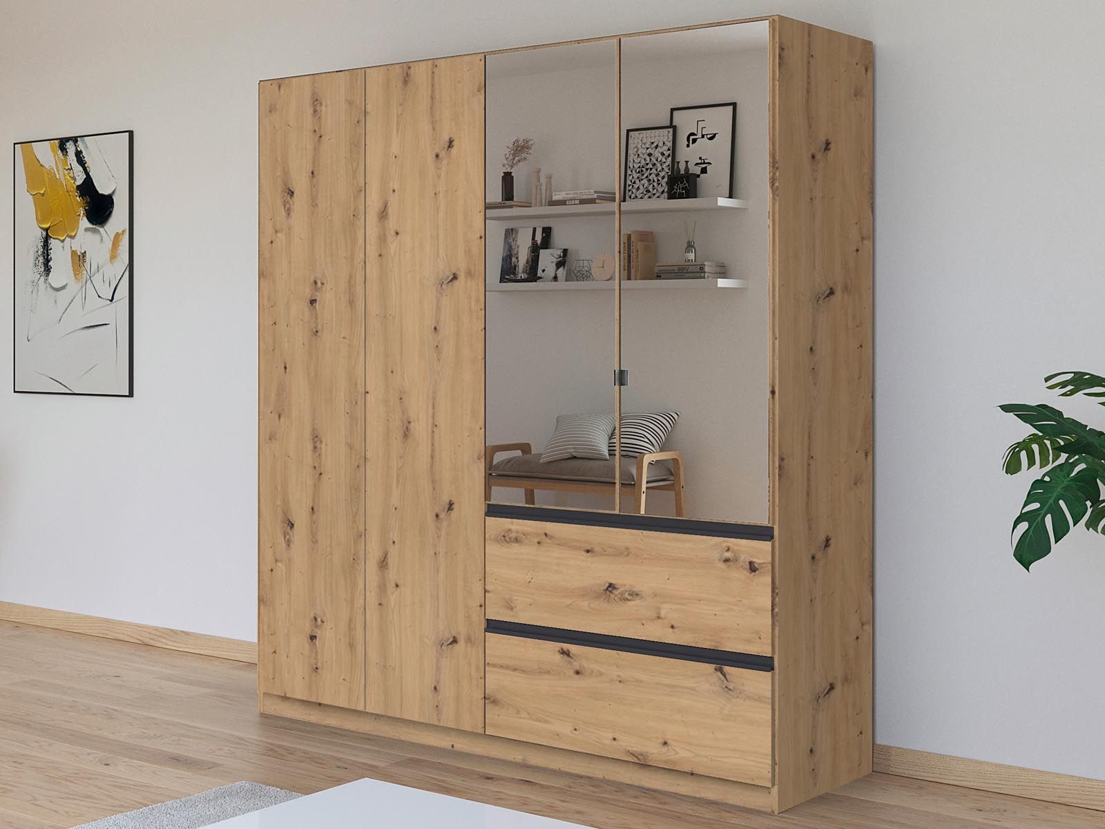 Kledingkast CONSTANTINOS 4 deuren 2 lades artisan eik met spiegel 