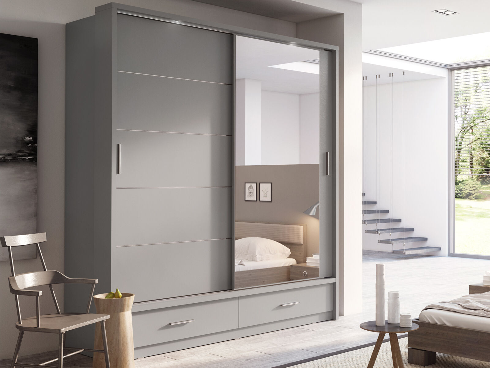 Kast ARTUS 2 schuifdeuren 2 lades grijs met spiegel 