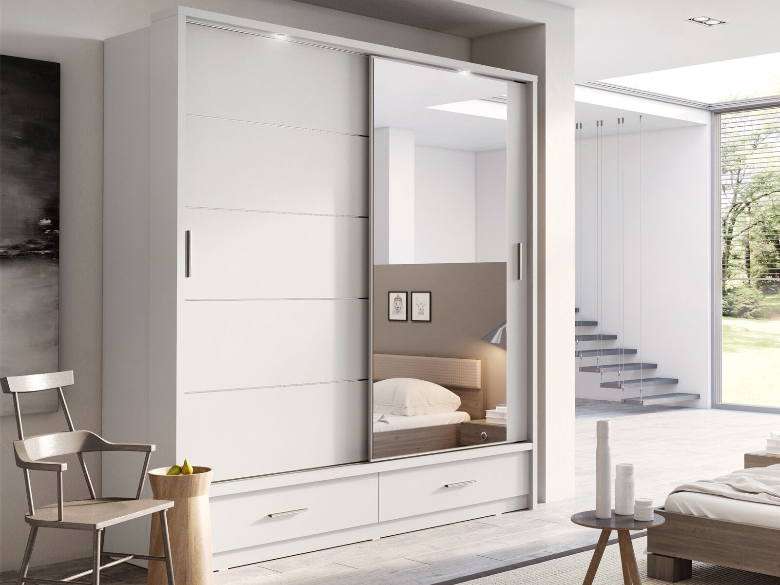 Kast ARTUS 2 schuifdeuren 2 lades wit met spiegel 