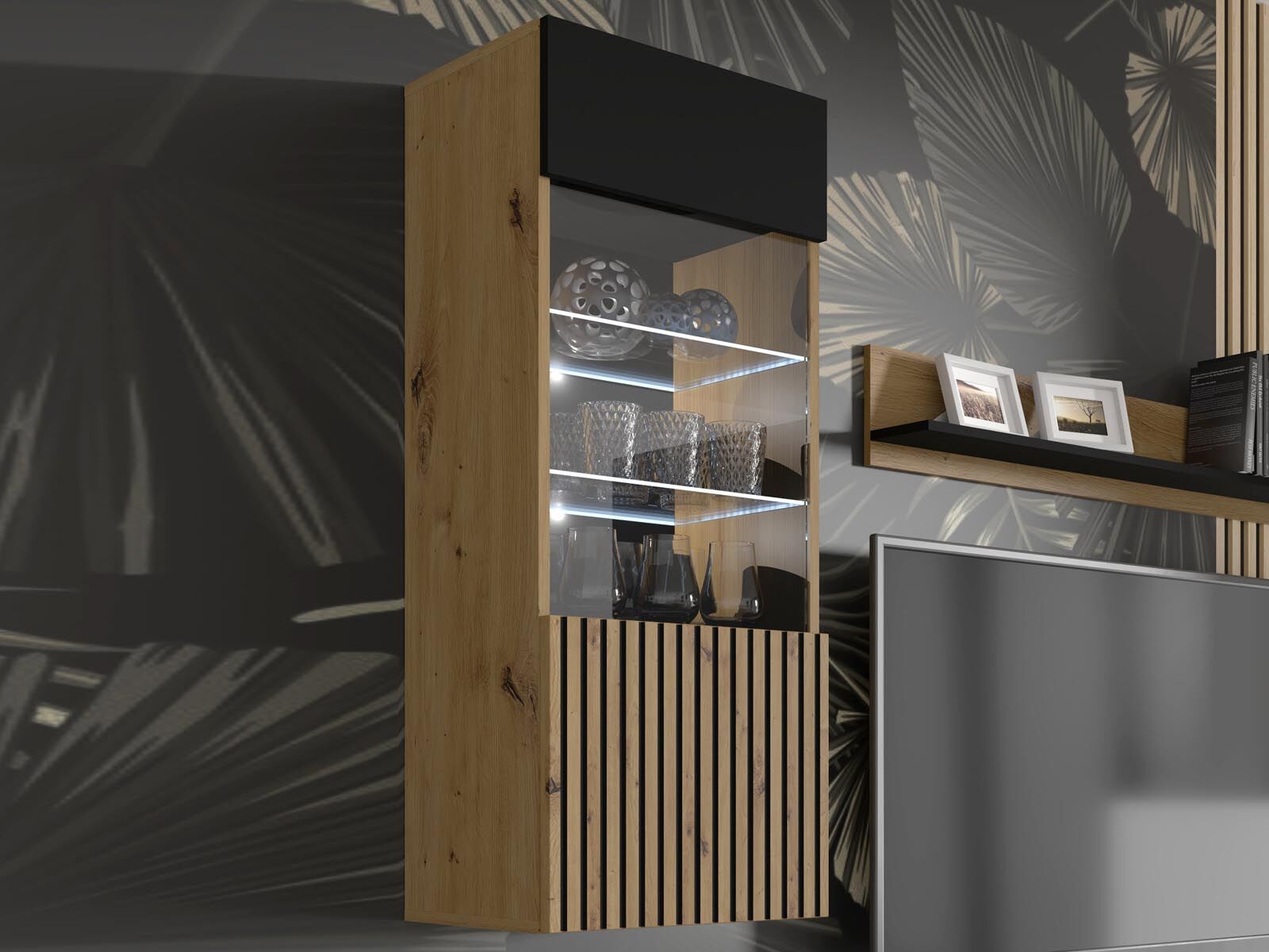 Vitrinekast ORISA 1 deur zwart/artisan eik