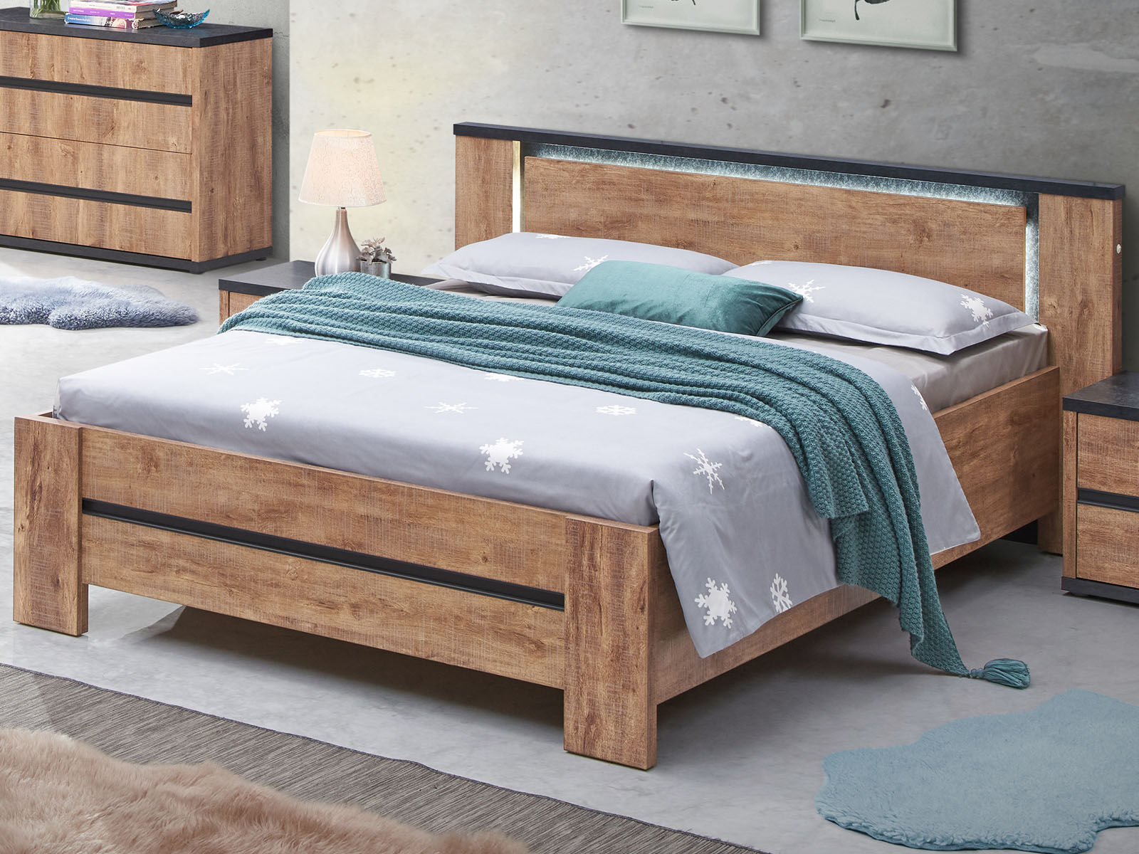 Tweepersoonsbed ELMA 140x200 cm industriële eik met led 