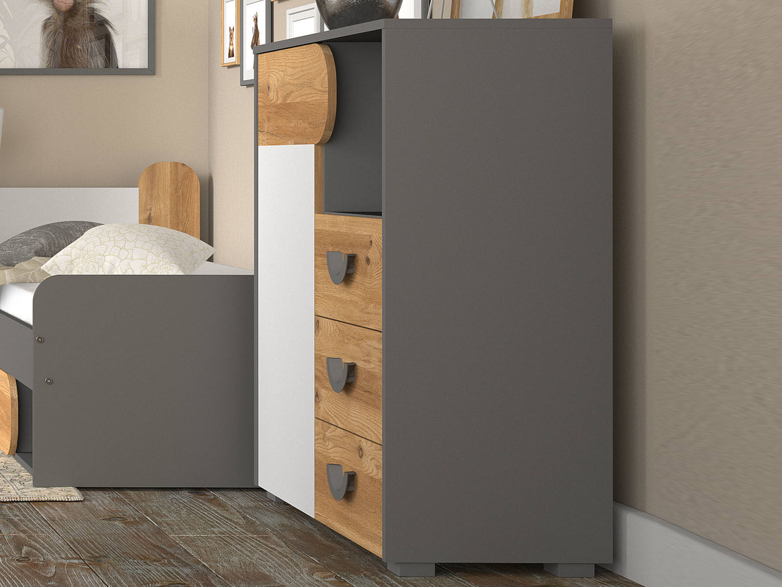 Commode CARINO 1 deur 3 lades wit/nash eik