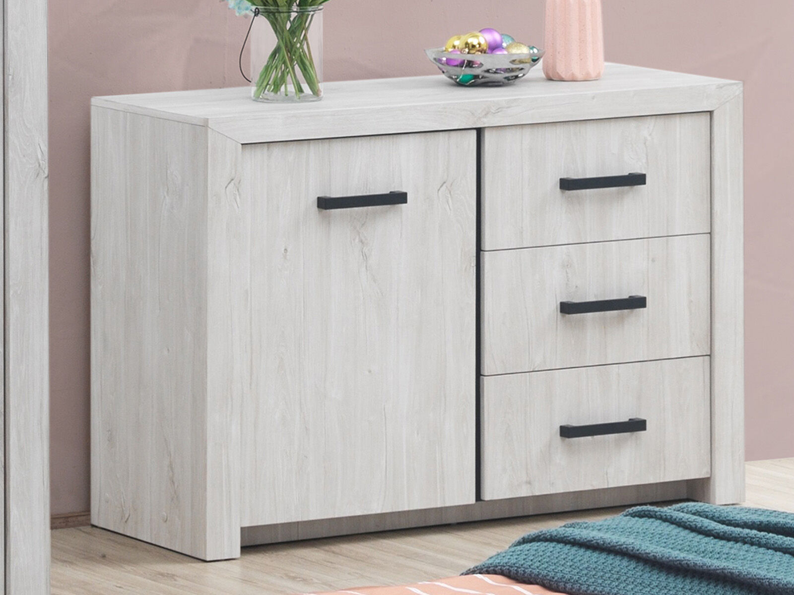 Commode ELVITALIC 1 deur en 3 lades gebleekte eik 