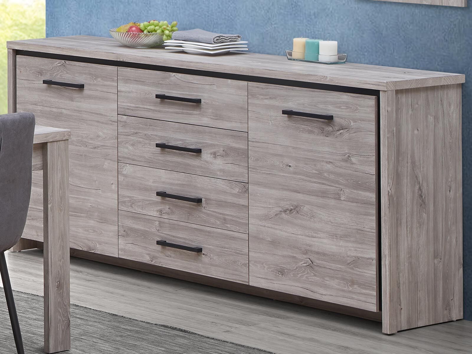 Dressoir ELINA 2 deuren 4 lades grijze eik 