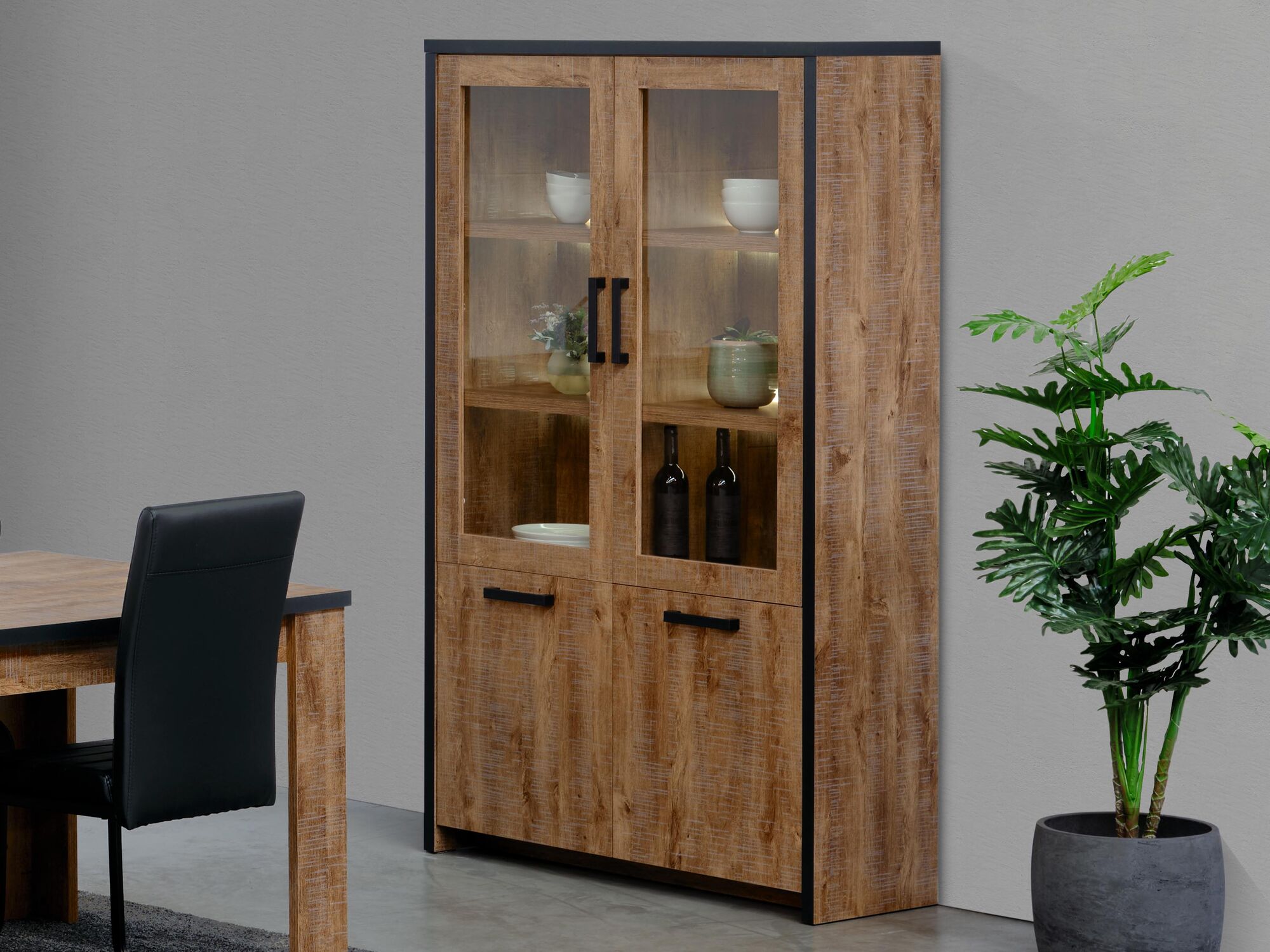 Vitrinekast ETERIAL 4 deuren industriële eik