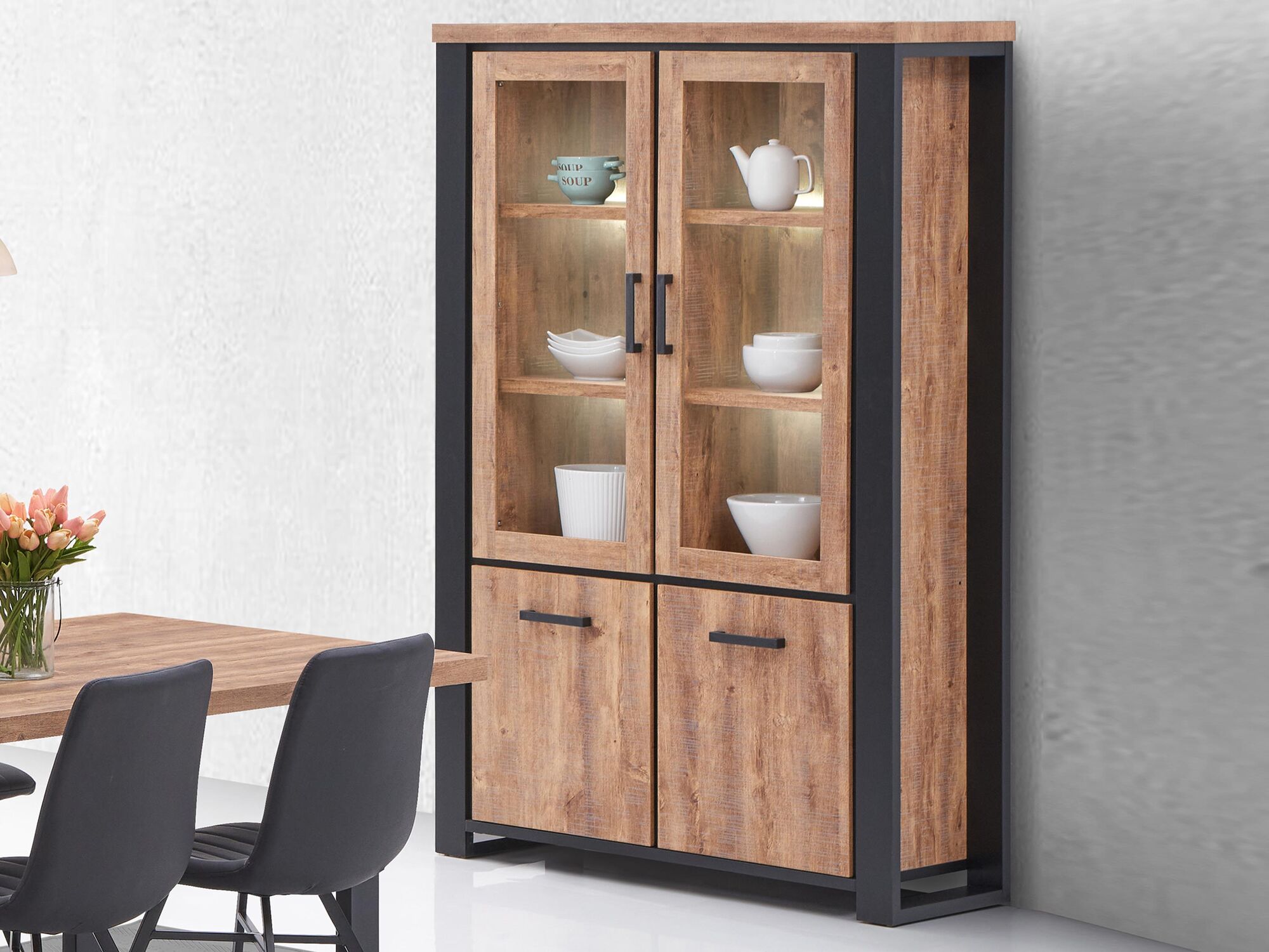 Vitrinekast ESTEBAN 4 deuren industriële eik 