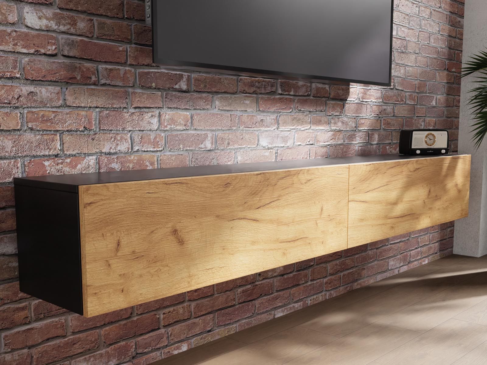 Tv-meubel KINGSTON 2 klapdeuren 210 cm zwarte eik/gouden eik