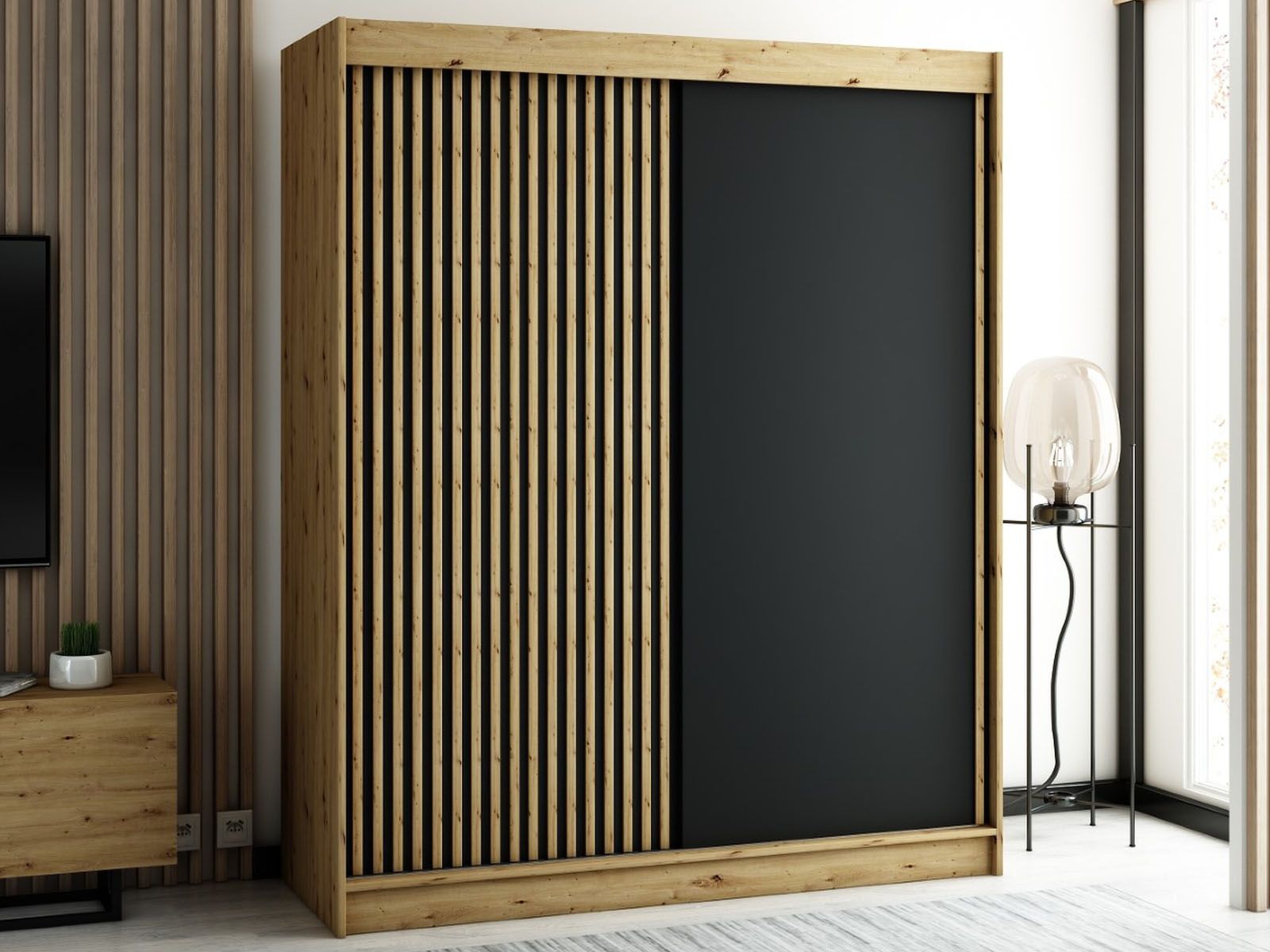 Kledingkast LAMORA 2 schuifdeuren 180 cm artisan eik 