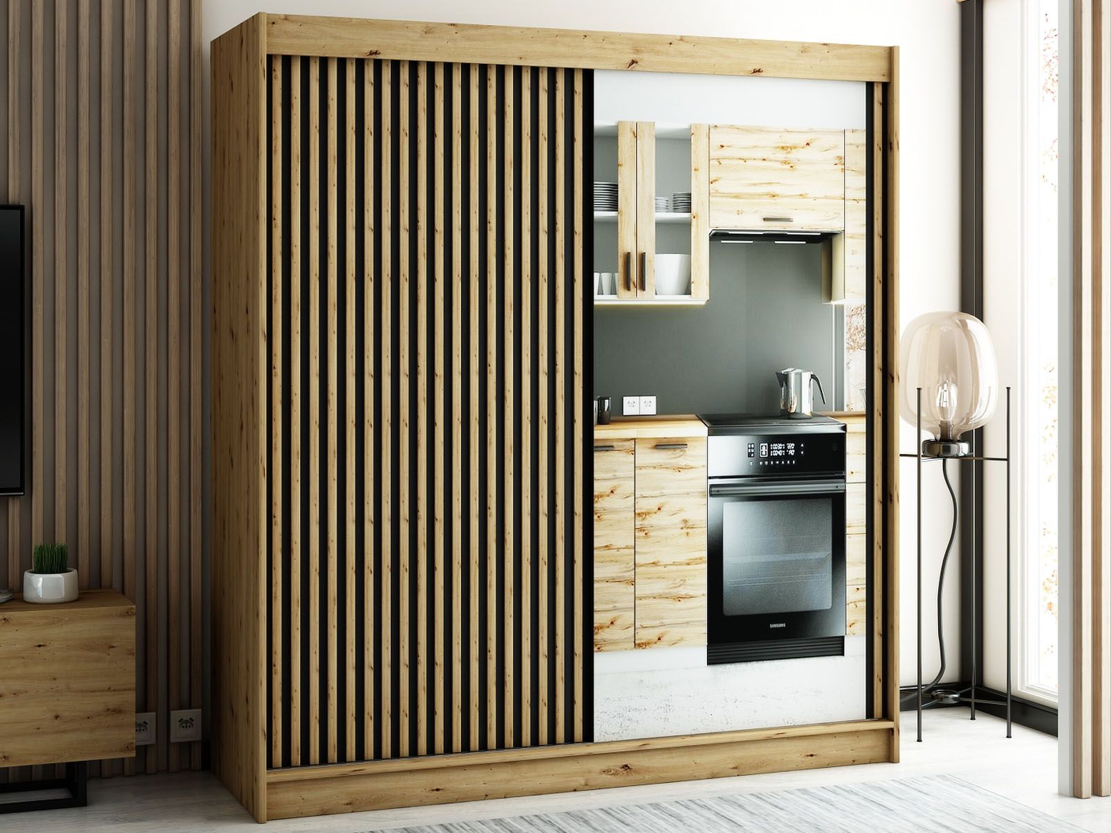 Kledingkast LAMORA 2 schuifdeuren 200 cm artisan eik met spiegel 