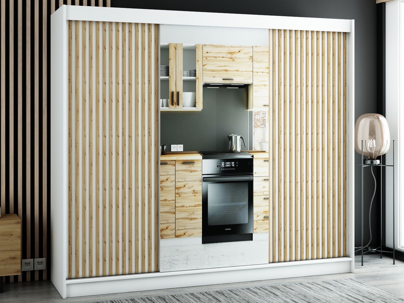 Kledingkast LAMORA 3 schuifdeuren 250 cm wit met spiegel 