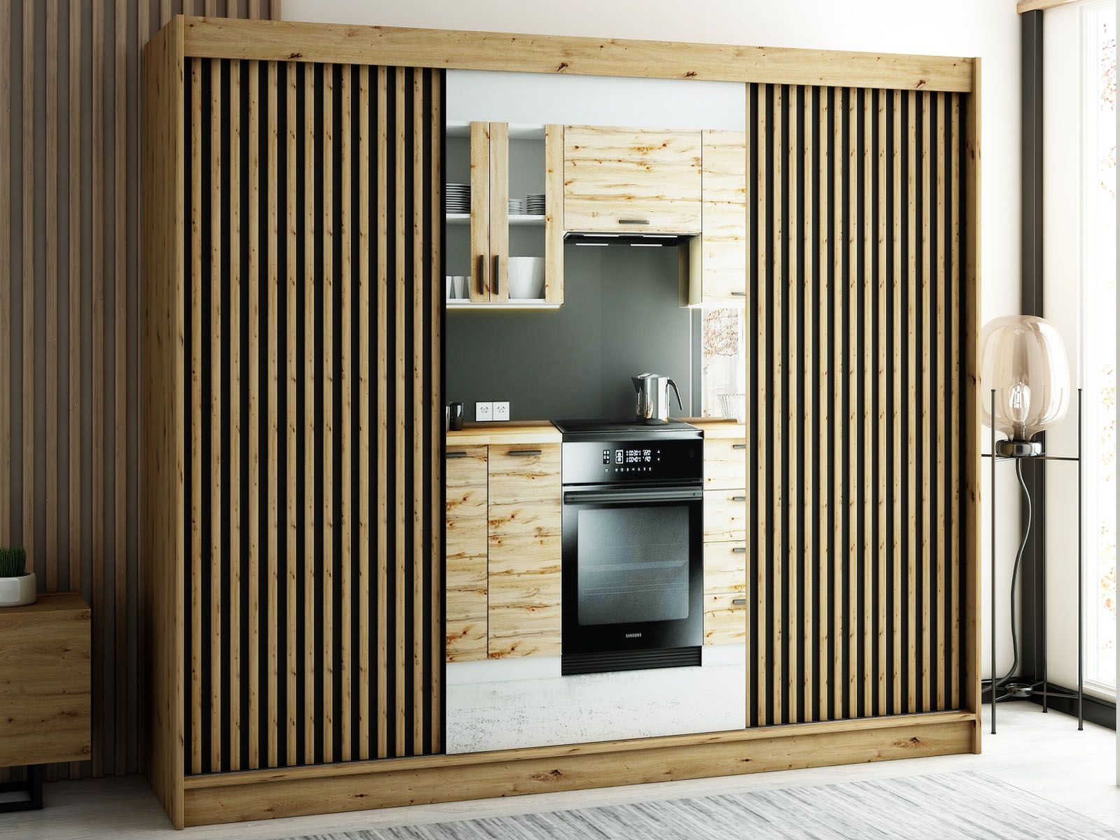 Kledingkast LAMORA 3 schuifdeuren 250 cm artisan eik met spiegel 