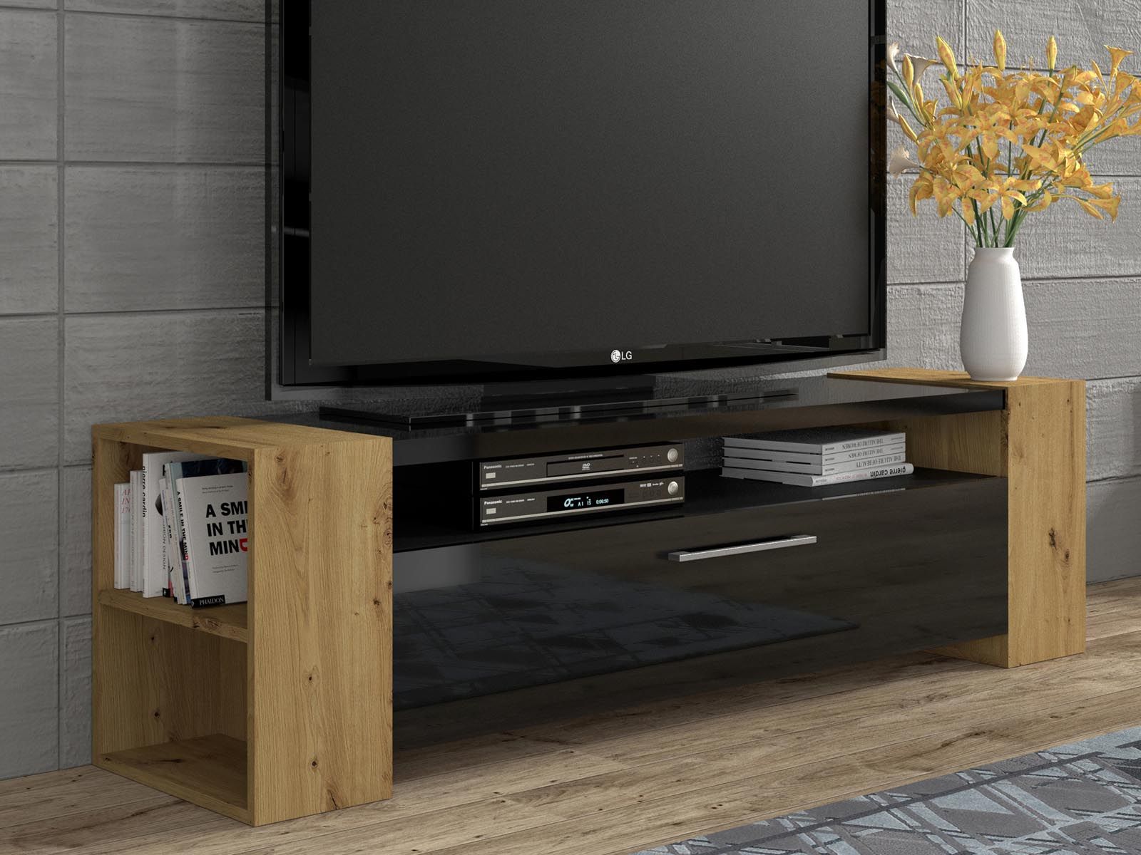 Tv-meubel LAVIA 1 klapdeur hoogglans zwart/artisan eik