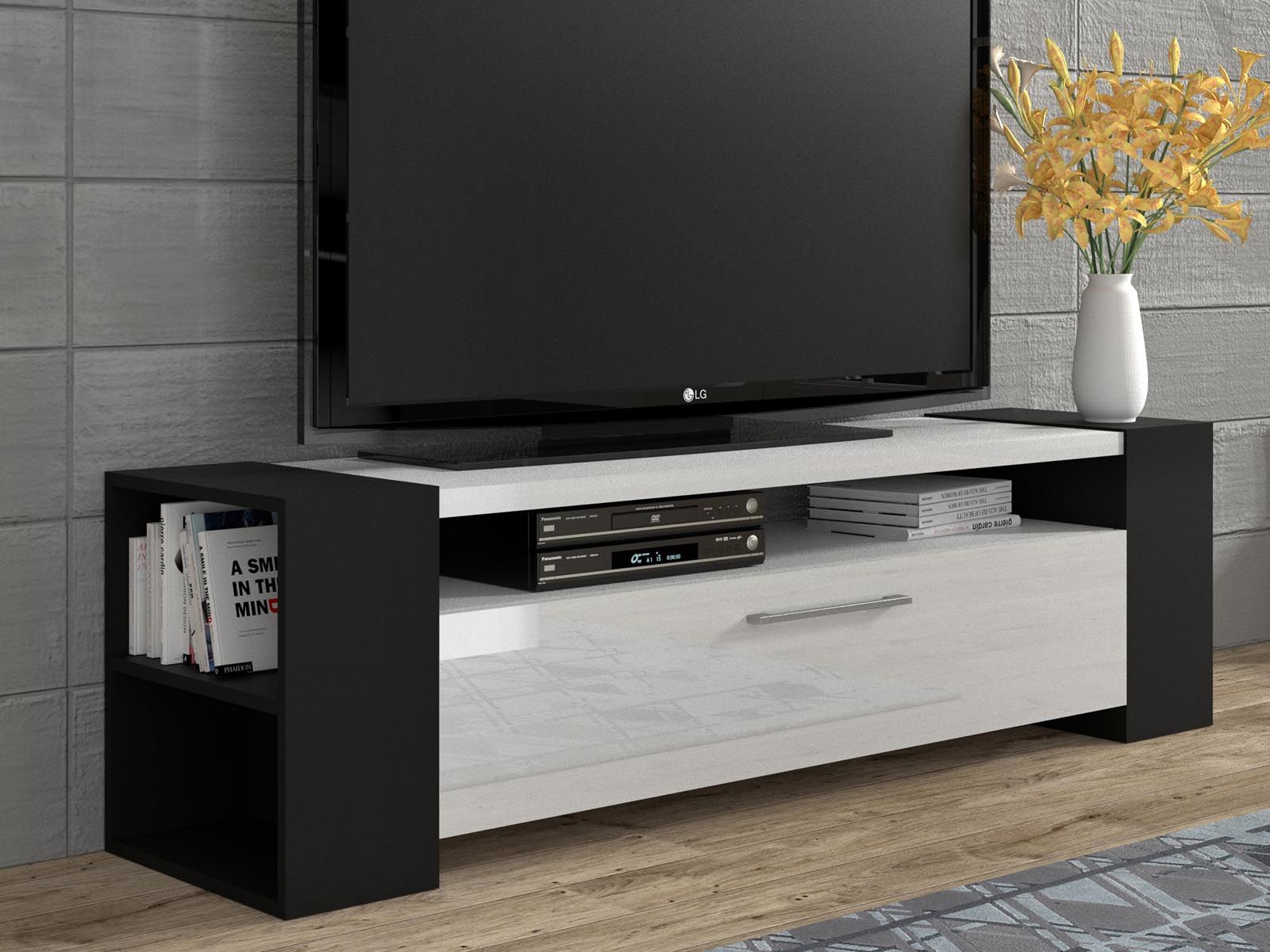 Tv-meubel LAVIA 1 klapdeur zwart/hoogglans wit