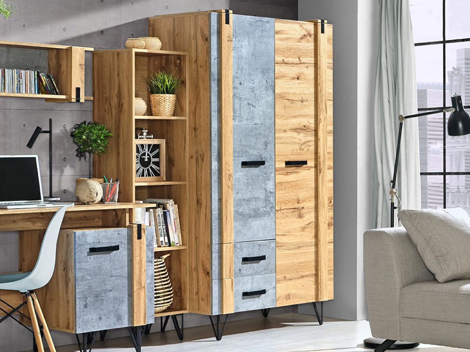 Kast MILPO 2 deuren 2 lades wotan eik/beton 