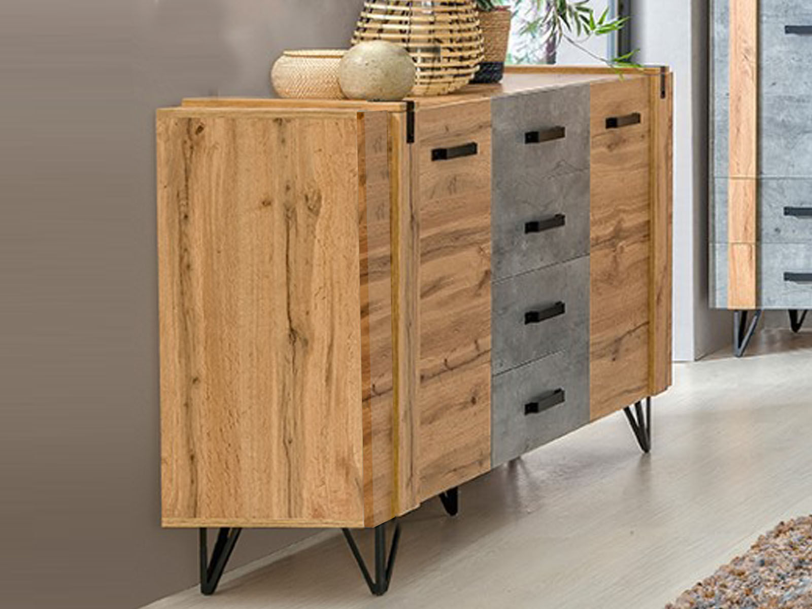 Dressoir MILPO 2 deuren 4 lades wotan eik/beton