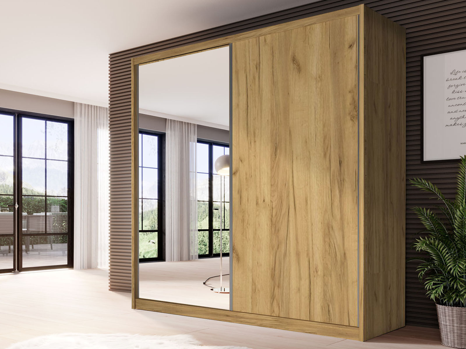 Kast MACRO 2 schuifdeuren 208 cm gouden eik met spiegel 