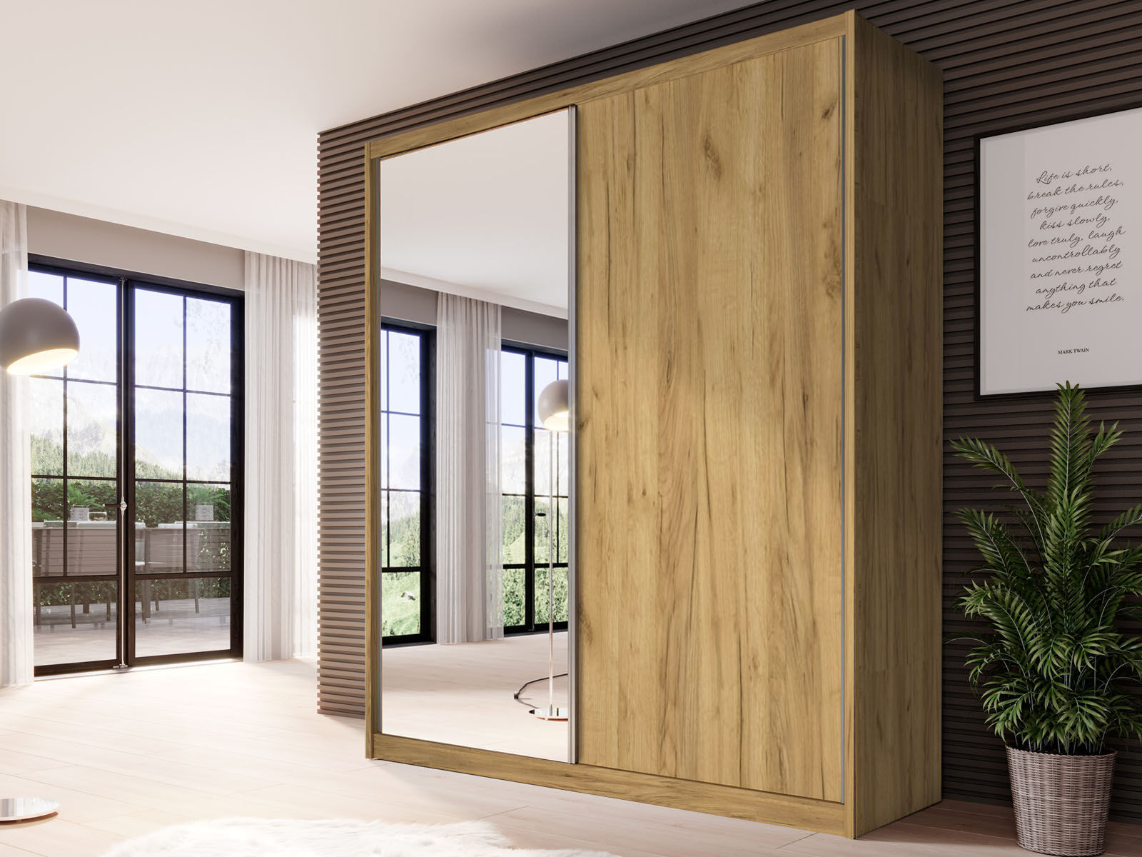 Kast MACRO 2 schuifdeuren 180 cm gouden eik met spiegel 