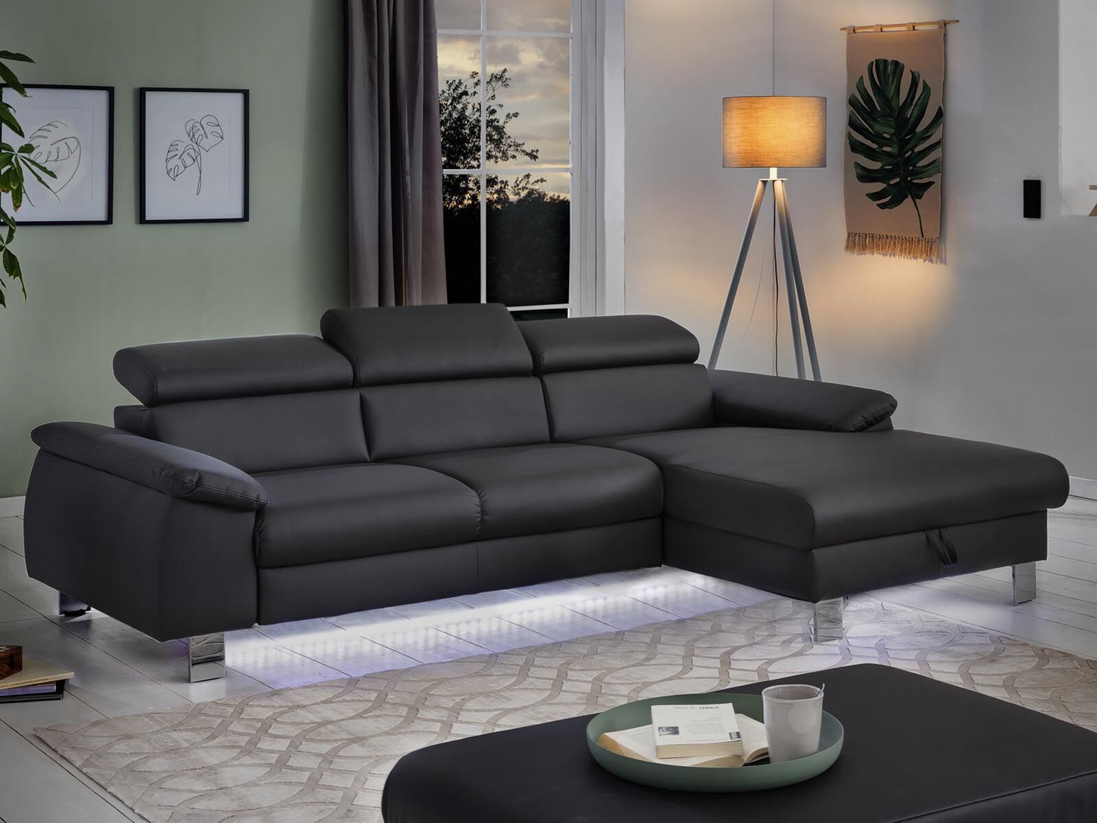 Converteerbare hoekbank MIKO met longchair rechts eco-leder zwart met led 