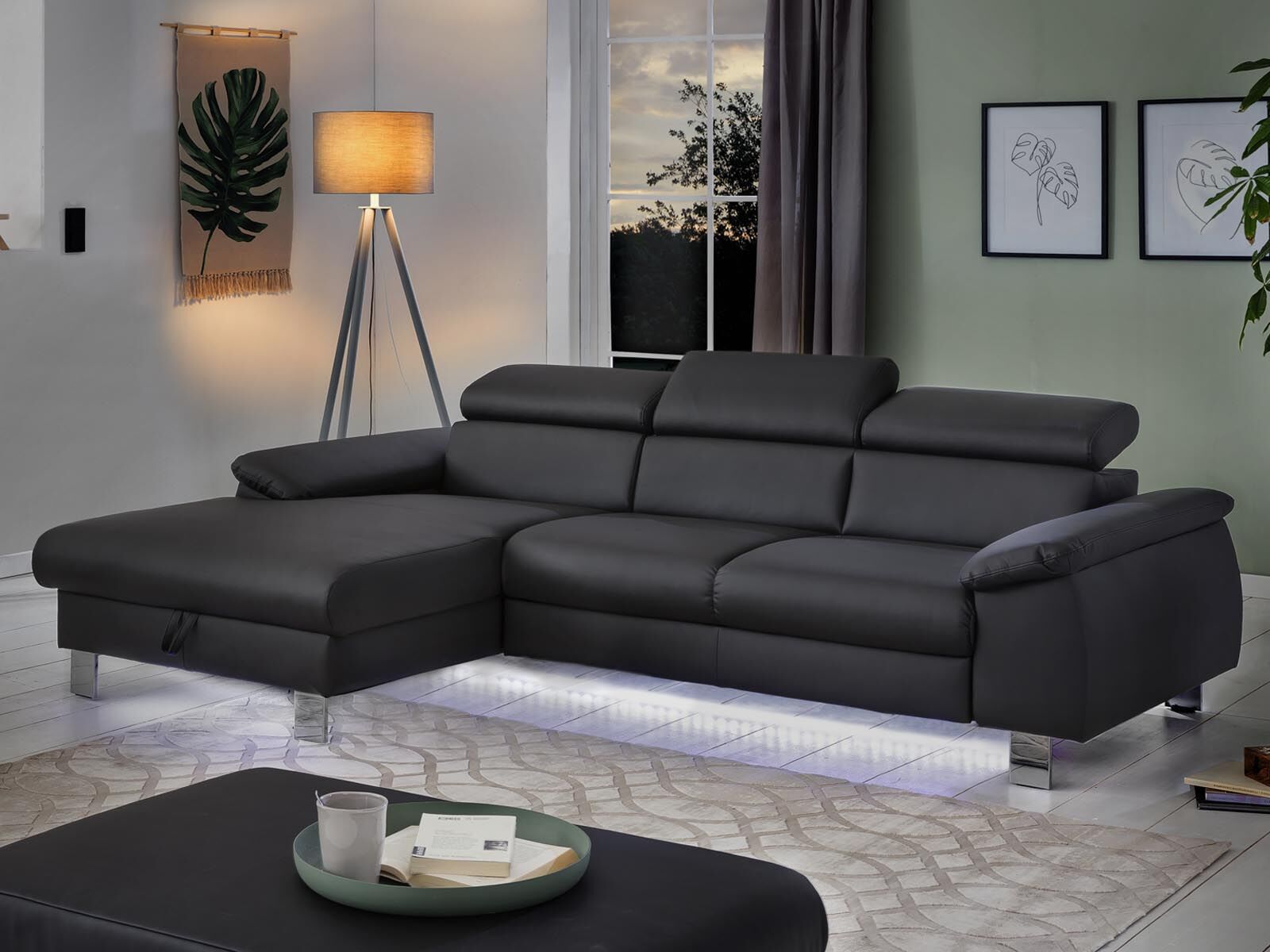 Converteerbare hoekbank MIKO met longchair links eco-leder zwart met led 