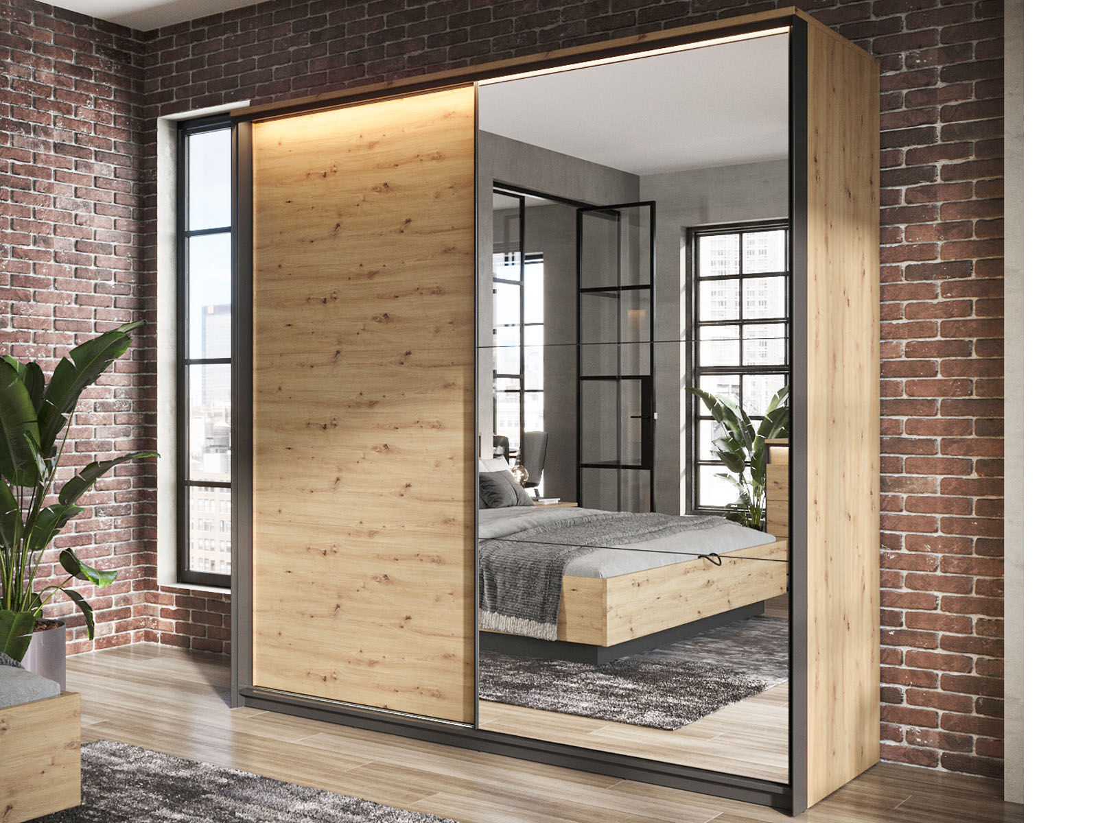 Kledingkast QUANTINO 2 schuifdeuren artisan eik/zwart 