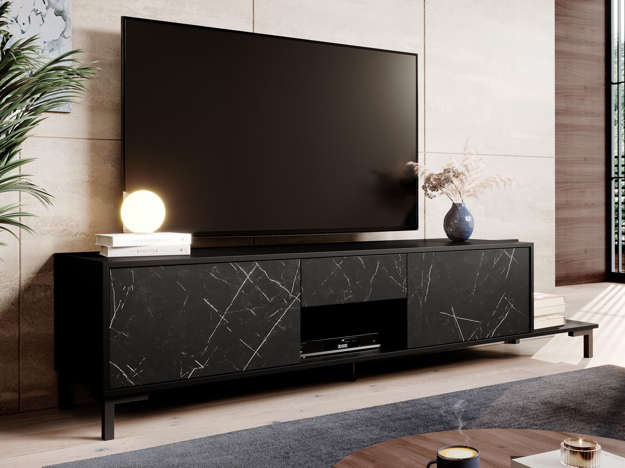 Tv-meubel MALMOSO 2 deuren 1 lade 195 cm zwart/marmer zwart