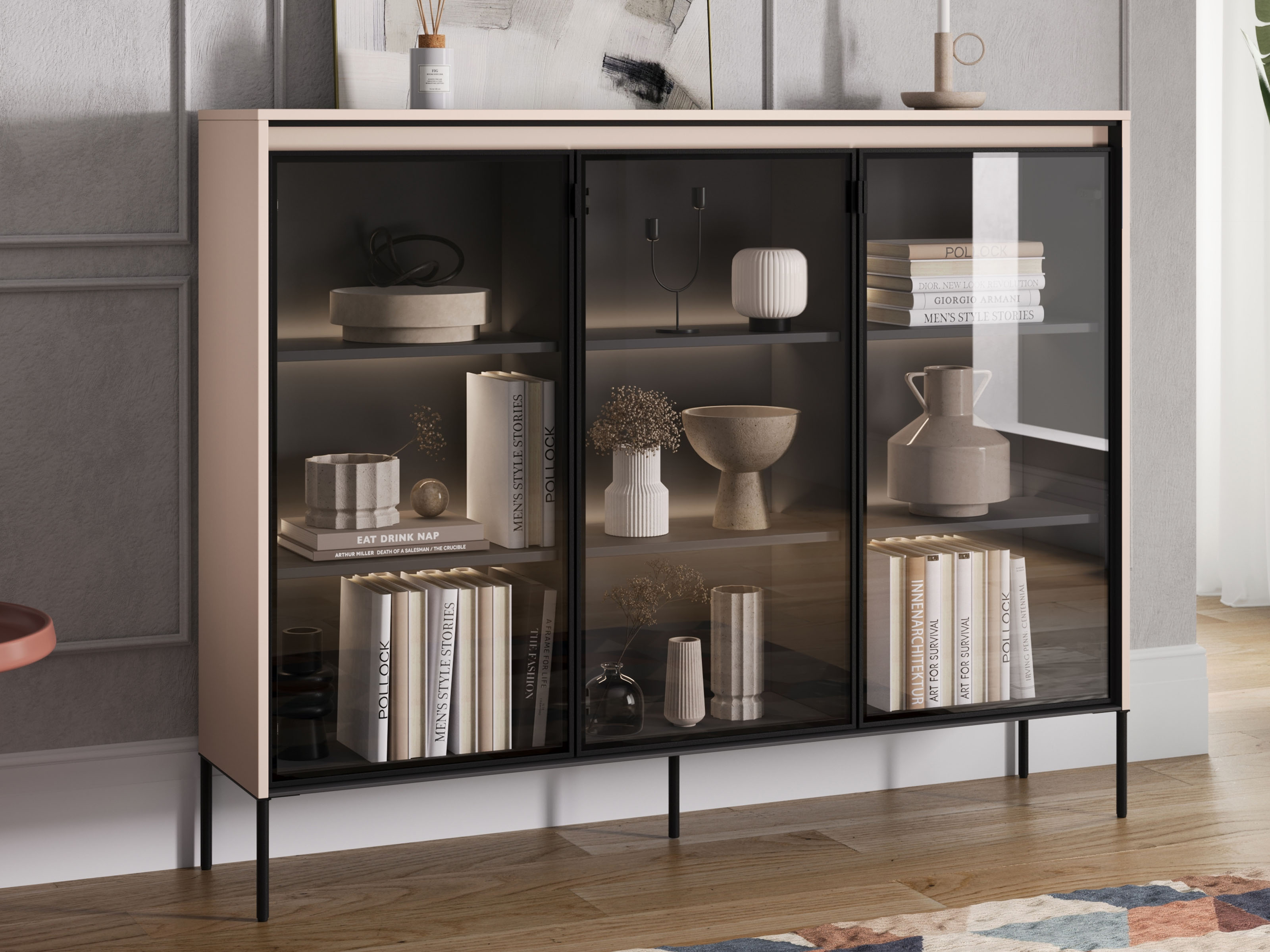 Vitrinekast TRAINING 3 deuren zand met led 