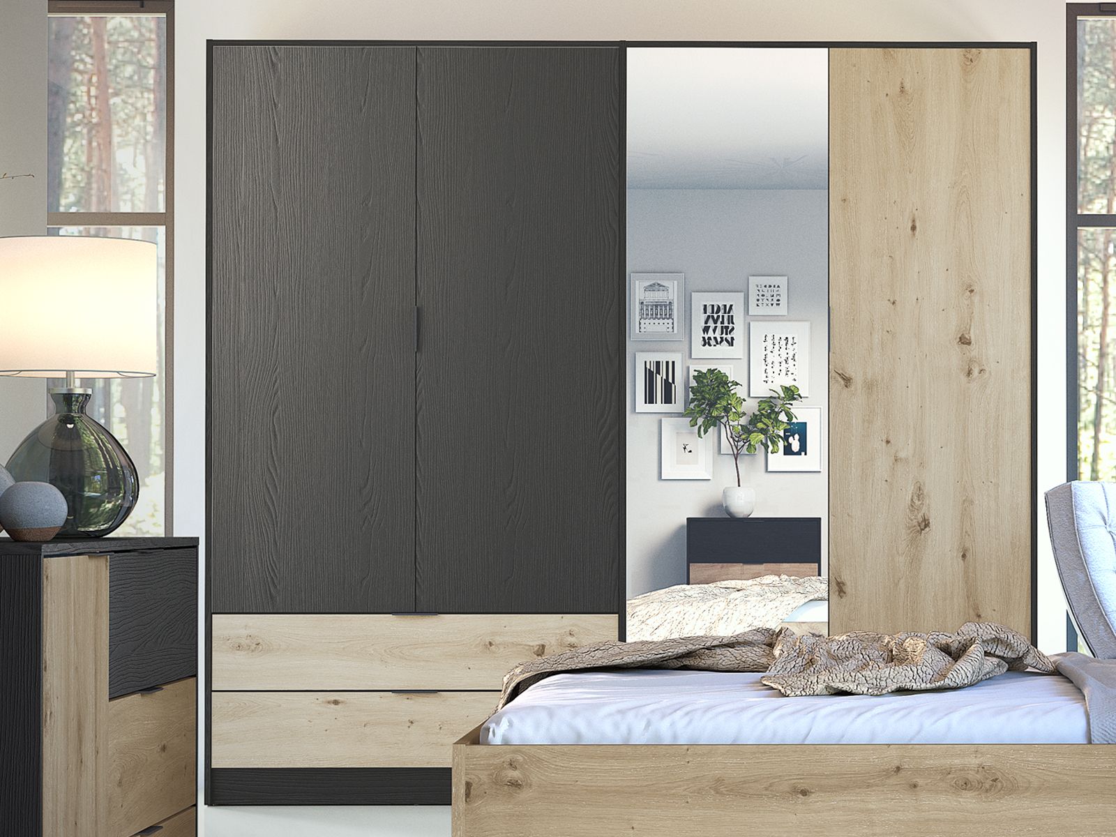 Kledingkast UMPAL 4 deuren 2 lades grafiet/artisan eik